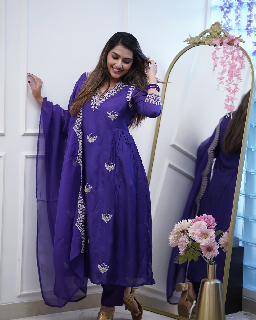Royal Purple Embroidered PV Chanderi Flared Gown Set with Dupatta