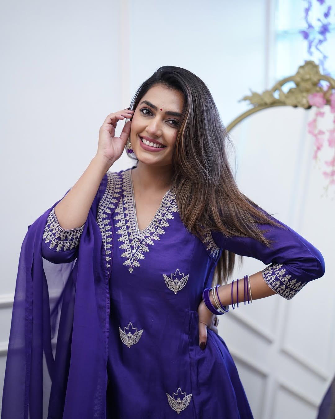 Royal Purple Embroidered PV Chanderi Flared Gown Set with Dupatta