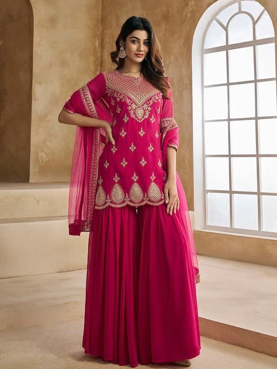 Pink Georgette Embroidered Short Kurti Sharara Set with Butter Net Dupatta – Fully Stitched