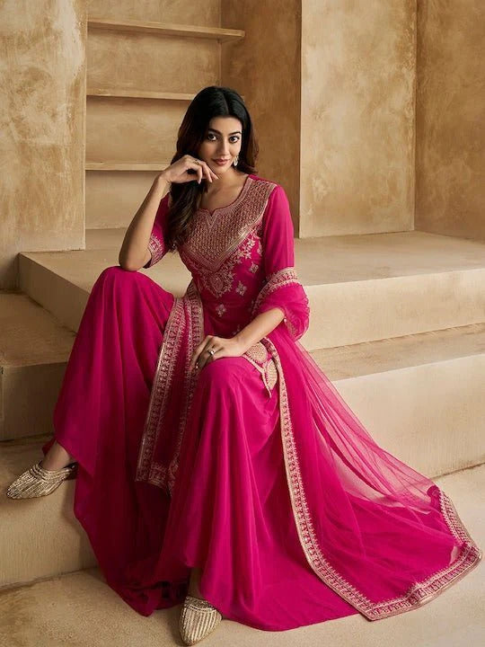 Pink Georgette Embroidered Short Kurti Sharara Set with Butter Net Dupatta – Fully Stitched