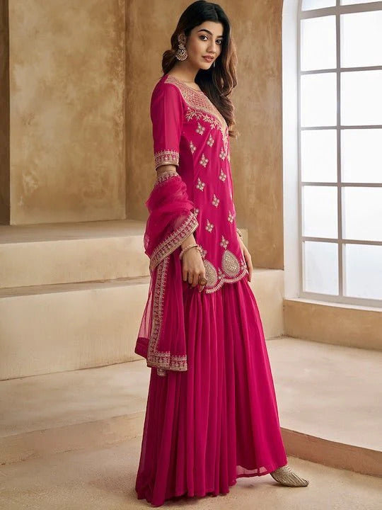 Pink Georgette Embroidered Short Kurti Sharara Set with Butter Net Dupatta – Fully Stitched