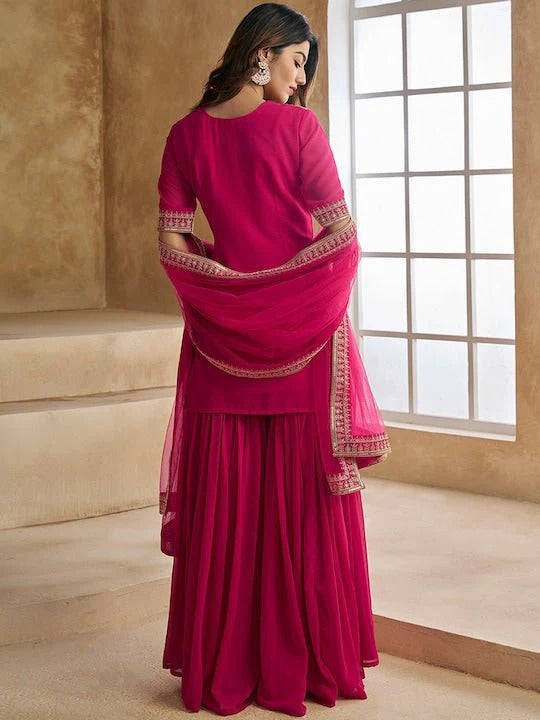 Pink Georgette Embroidered Short Kurti Sharara Set with Butter Net Dupatta – Fully Stitched