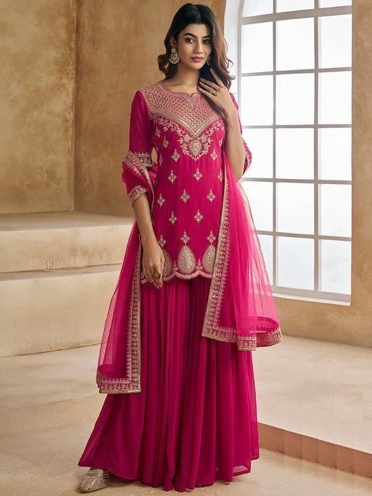 Pink Georgette Embroidered Short Kurti Sharara Set with Butter Net Dupatta – Fully Stitched