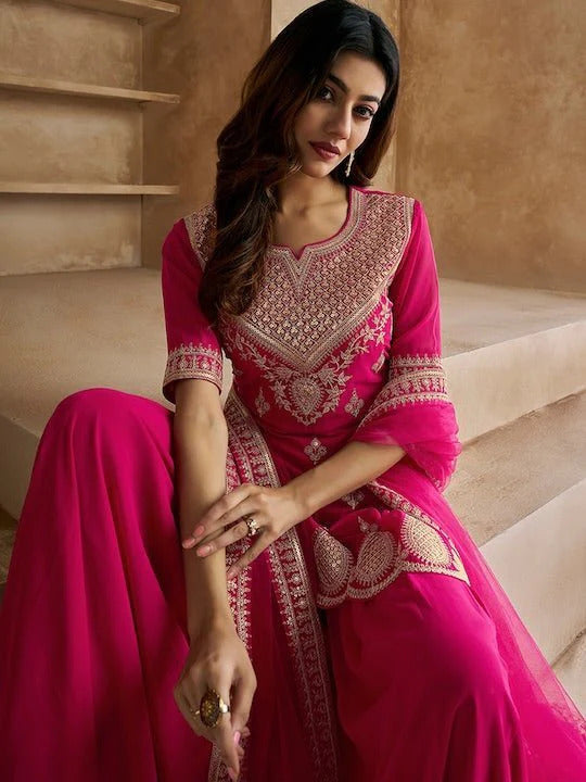 Pink Georgette Embroidered Short Kurti Sharara Set with Butter Net Dupatta – Fully Stitched