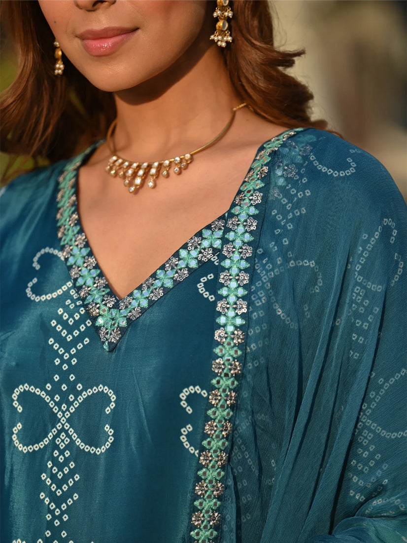 Elegant Teal Blue Chinnon Silk Embroidered Suit Set with Nazmeen Dupatta