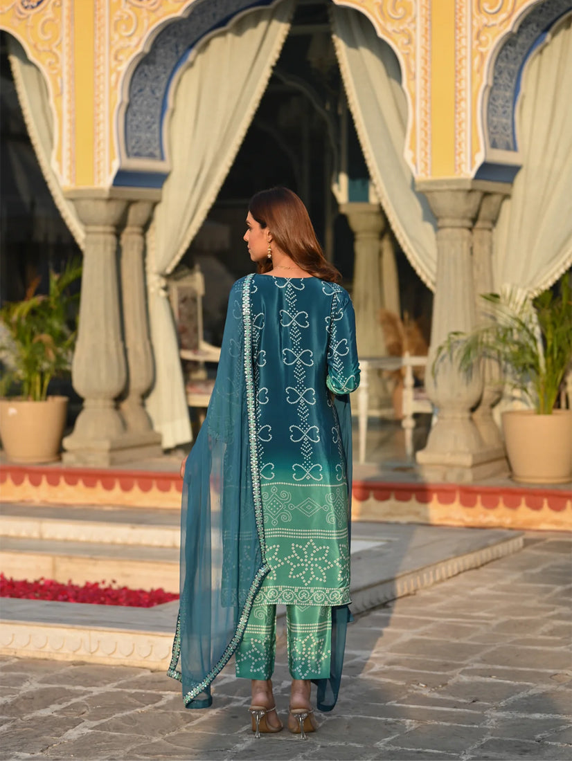 Elegant Teal Blue Chinnon Silk Embroidered Suit Set with Nazmeen Dupatta