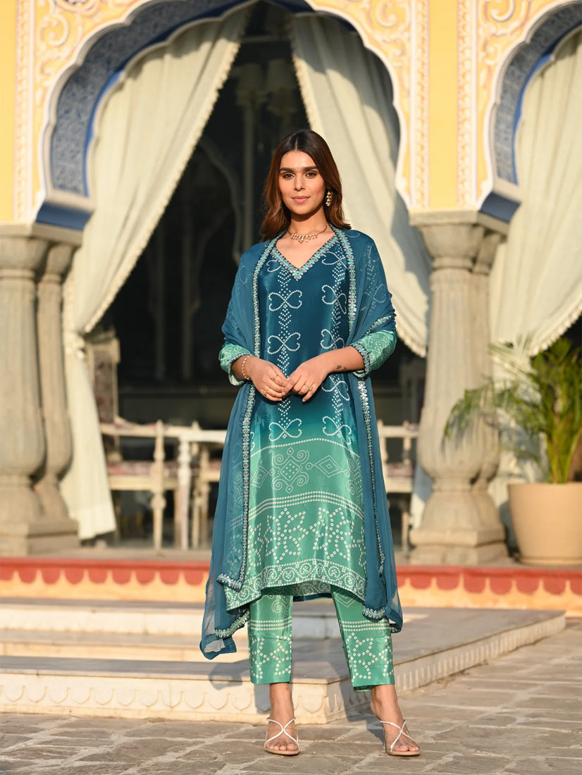 Elegant Teal Blue Chinnon Silk Embroidered Suit Set with Nazmeen Dupatta