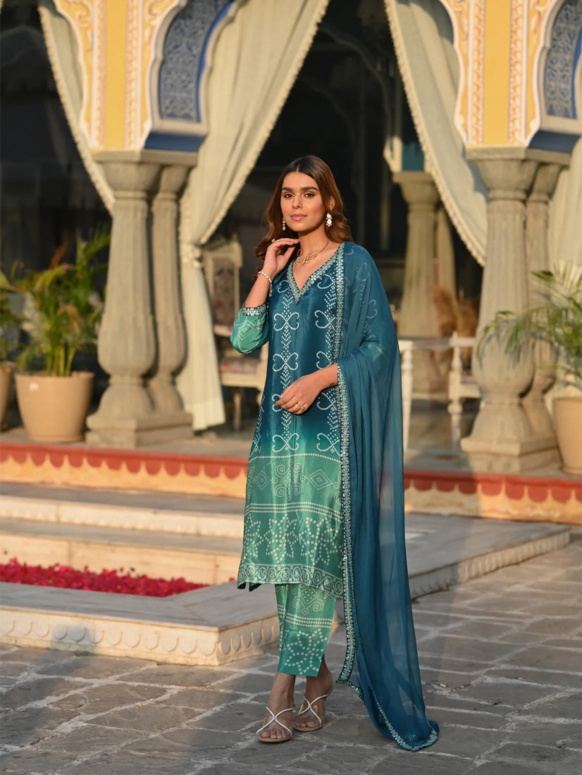 Elegant Teal Blue Chinnon Silk Embroidered Suit Set with Nazmeen Dupatta