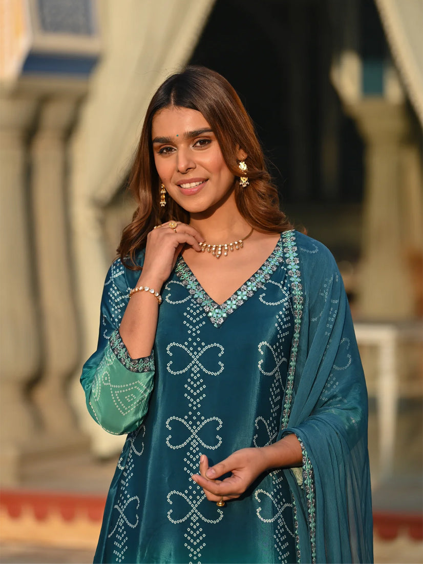 Elegant Teal Blue Chinnon Silk Embroidered Suit Set with Nazmeen Dupatta