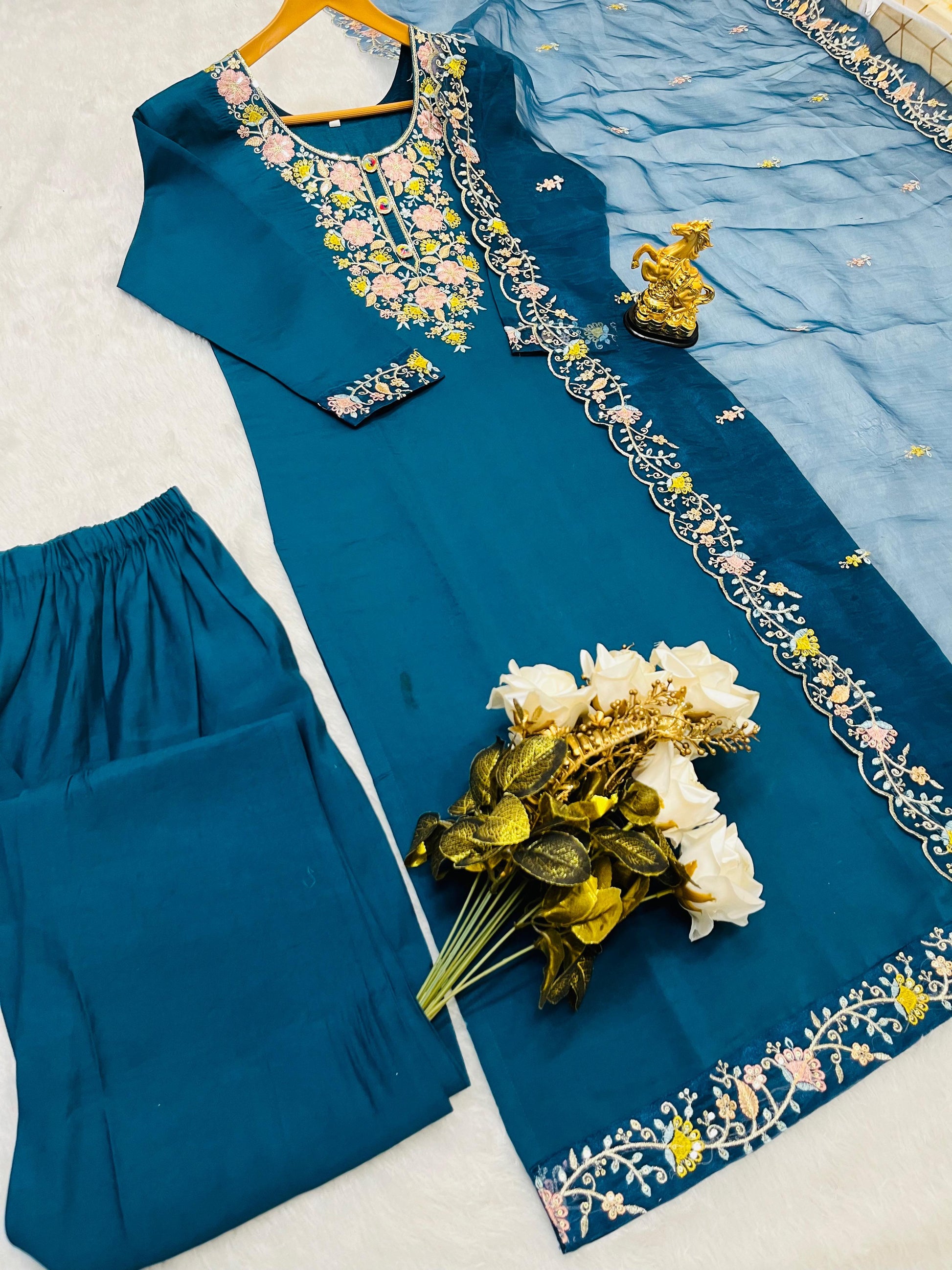 Teal Roman Silk Embroidered Suit Set with Organza Dupatta – Fully Stitched