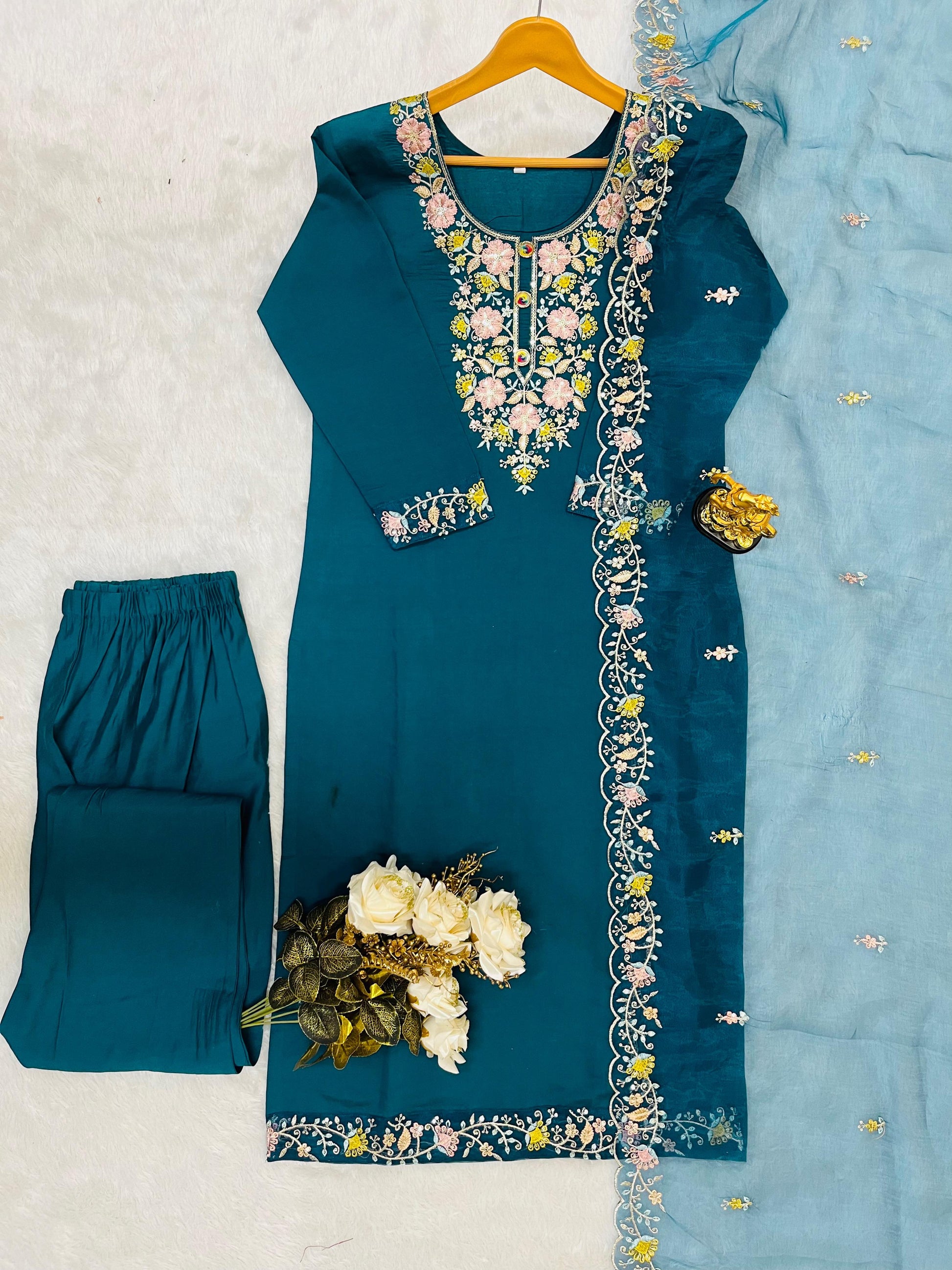 Teal Roman Silk Embroidered Suit Set with Organza Dupatta – Fully Stitched