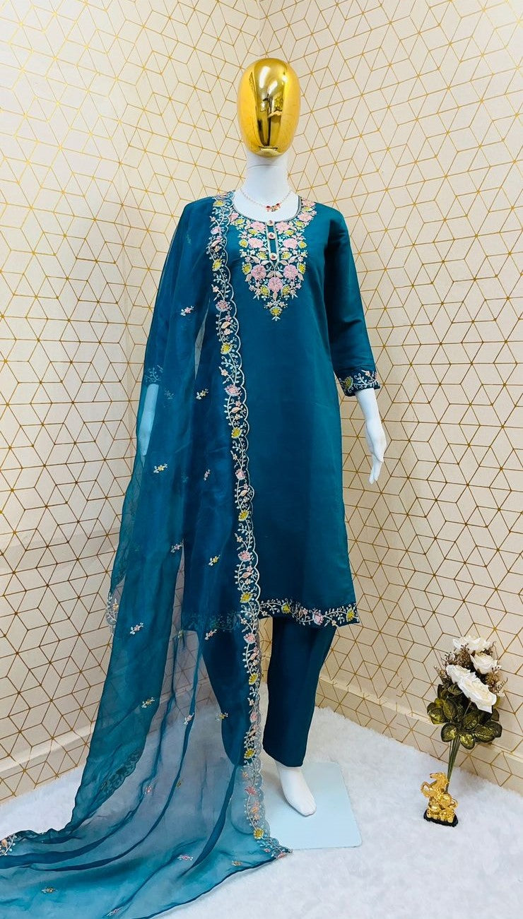 Teal Roman Silk Embroidered Suit Set with Organza Dupatta – Fully Stitched