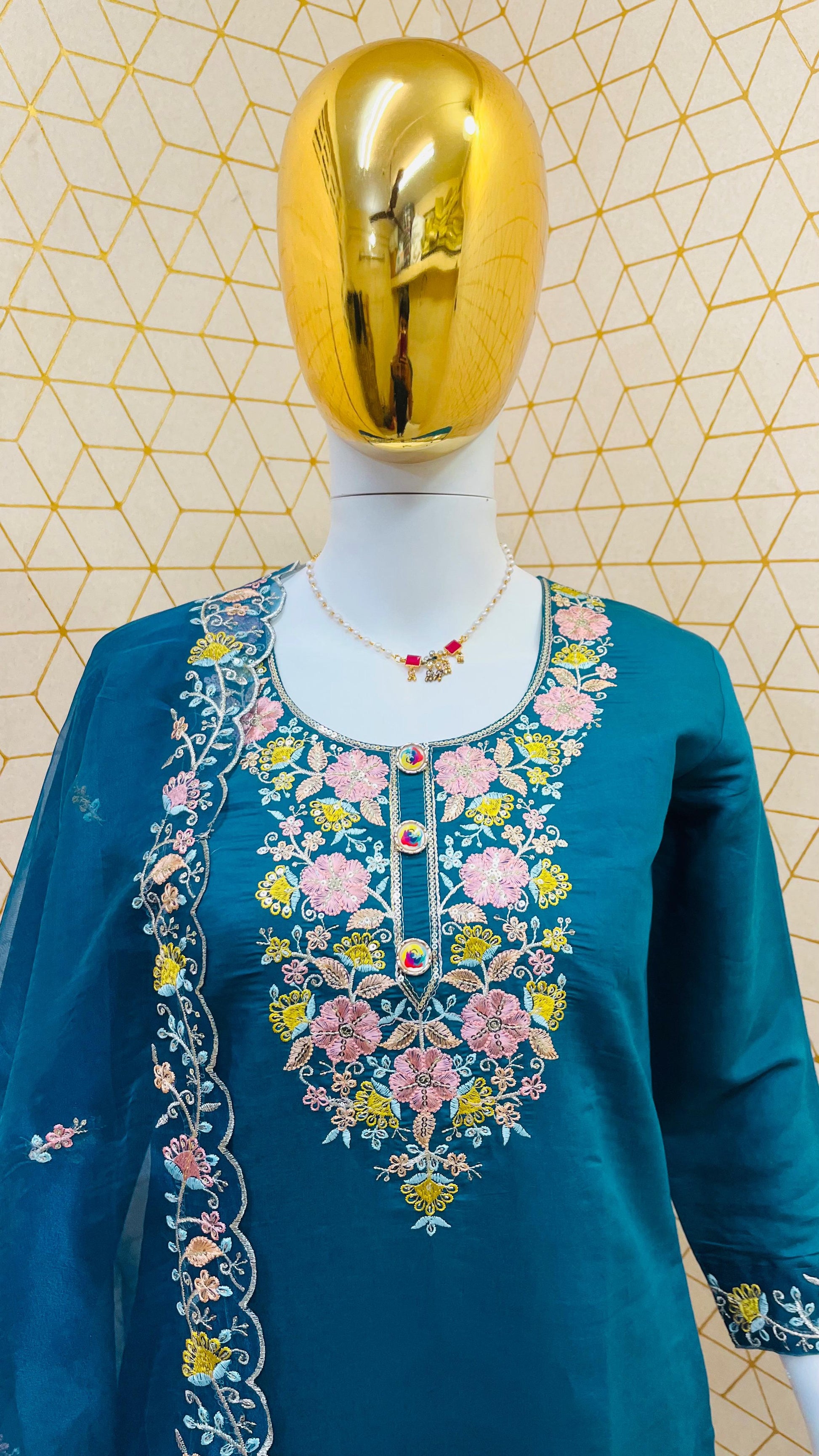 Teal Roman Silk Embroidered Suit Set with Organza Dupatta – Fully Stitched