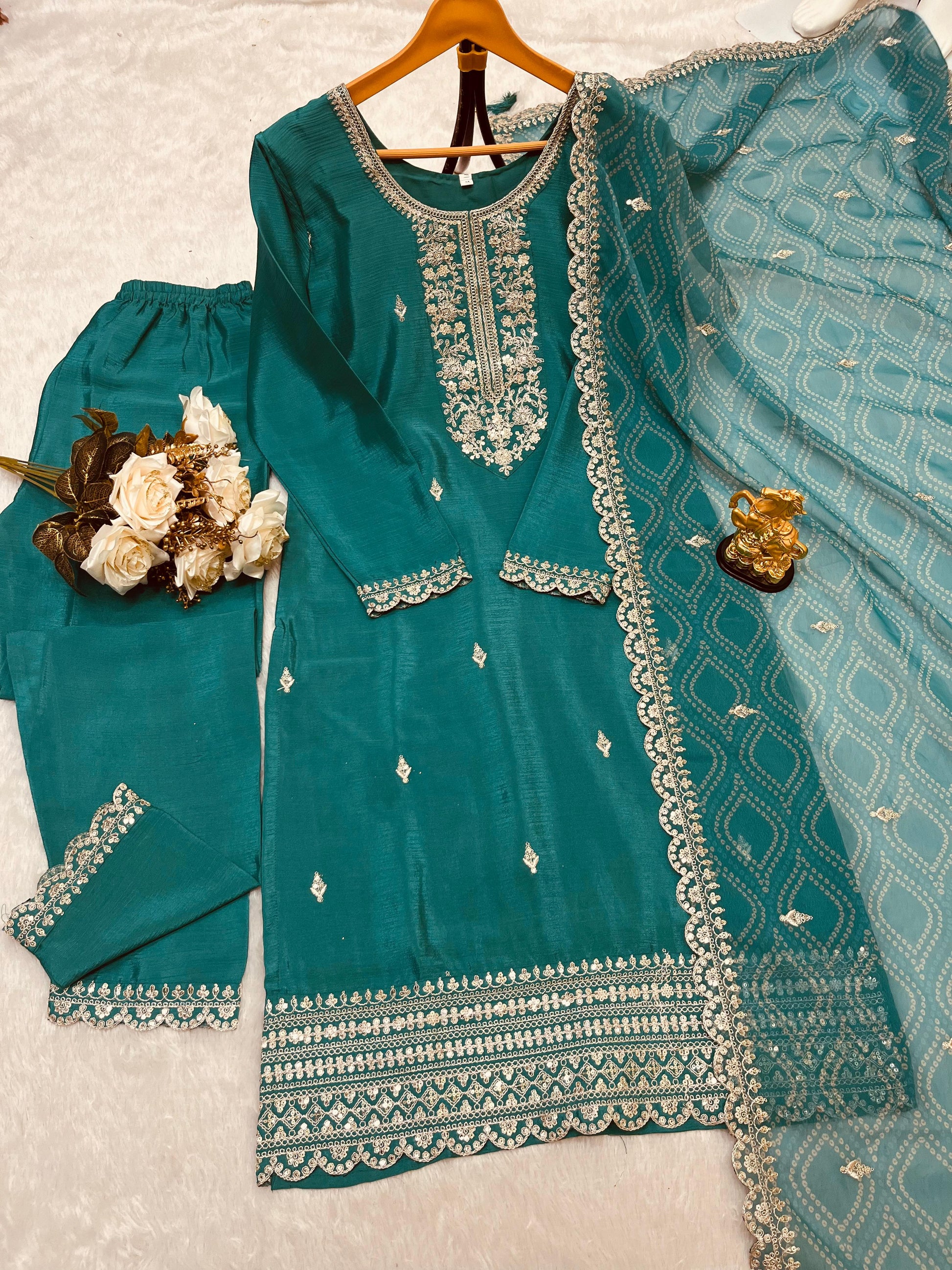 Elegant Teal Chinon Embroidered Suit Set with Dupatta – Fully Stitched