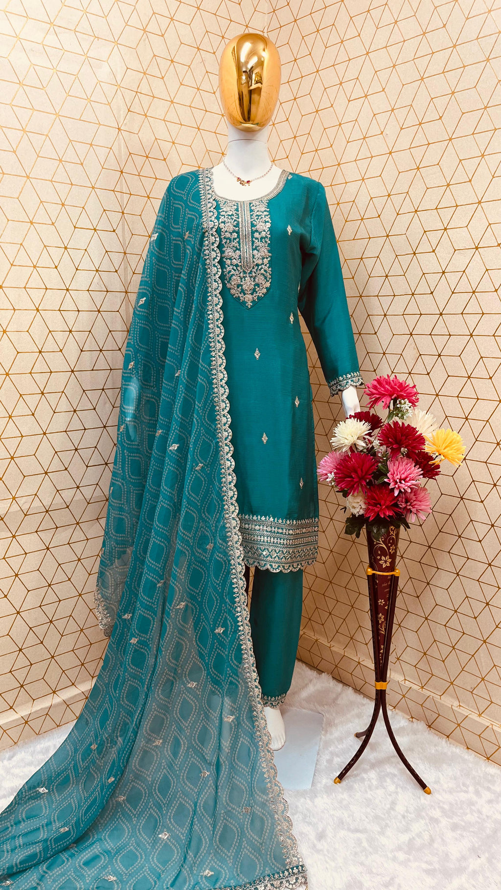 Elegant Teal Chinon Embroidered Suit Set with Dupatta – Fully Stitched