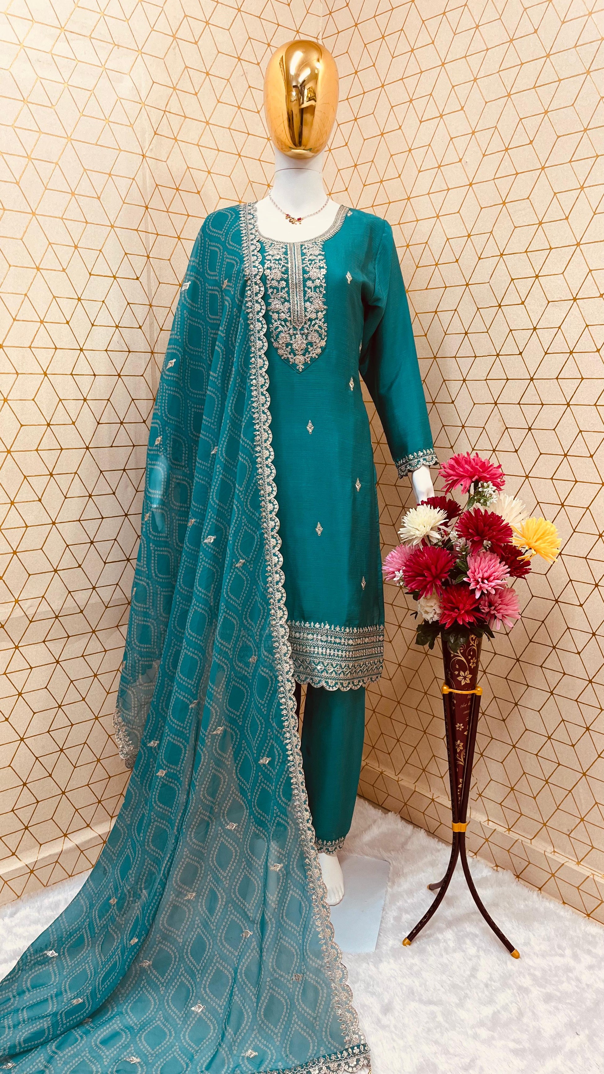Elegant Teal Chinon Embroidered Suit Set with Dupatta – Fully Stitched
