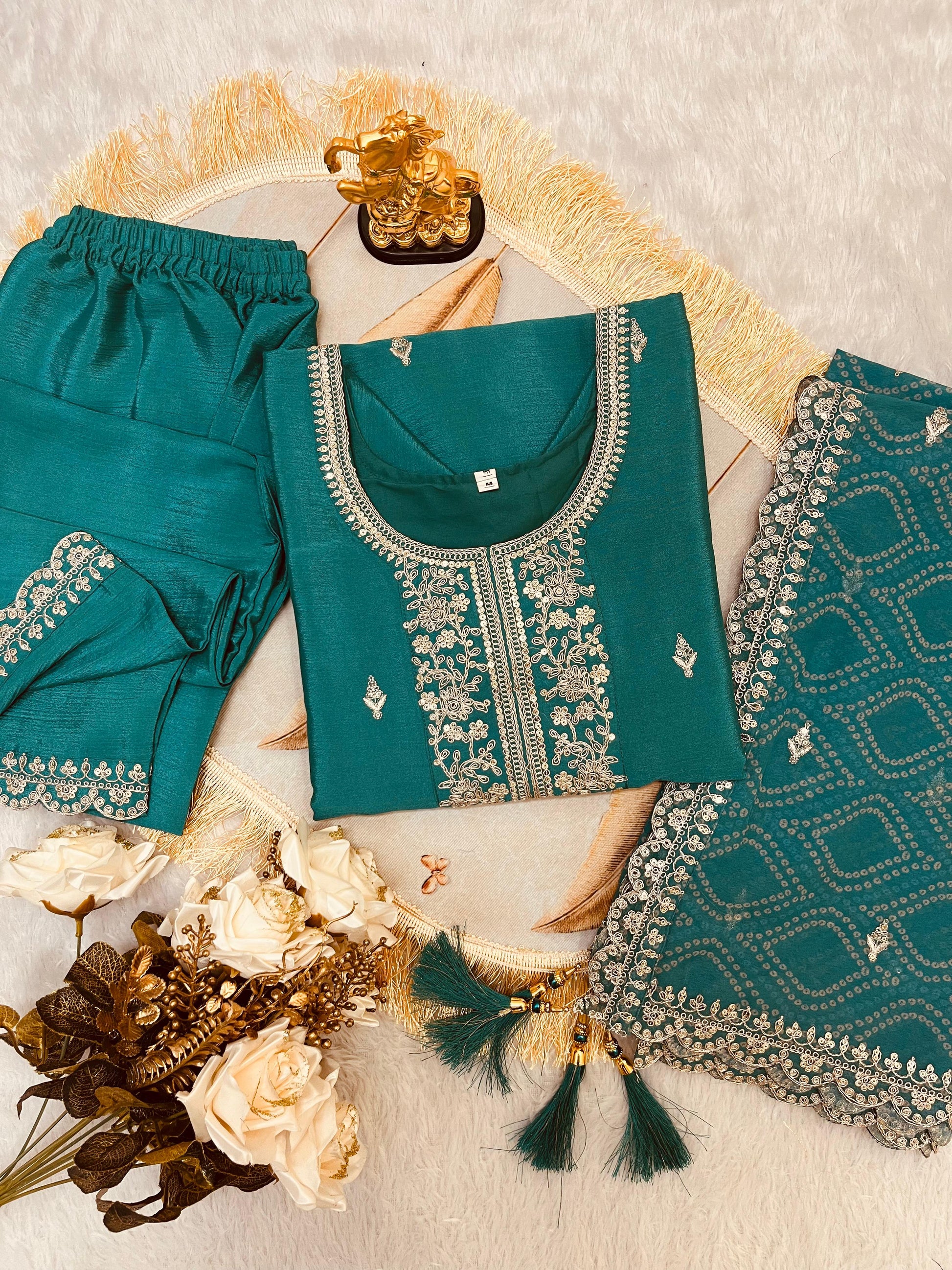 Elegant Teal Chinon Embroidered Suit Set with Dupatta – Fully Stitched