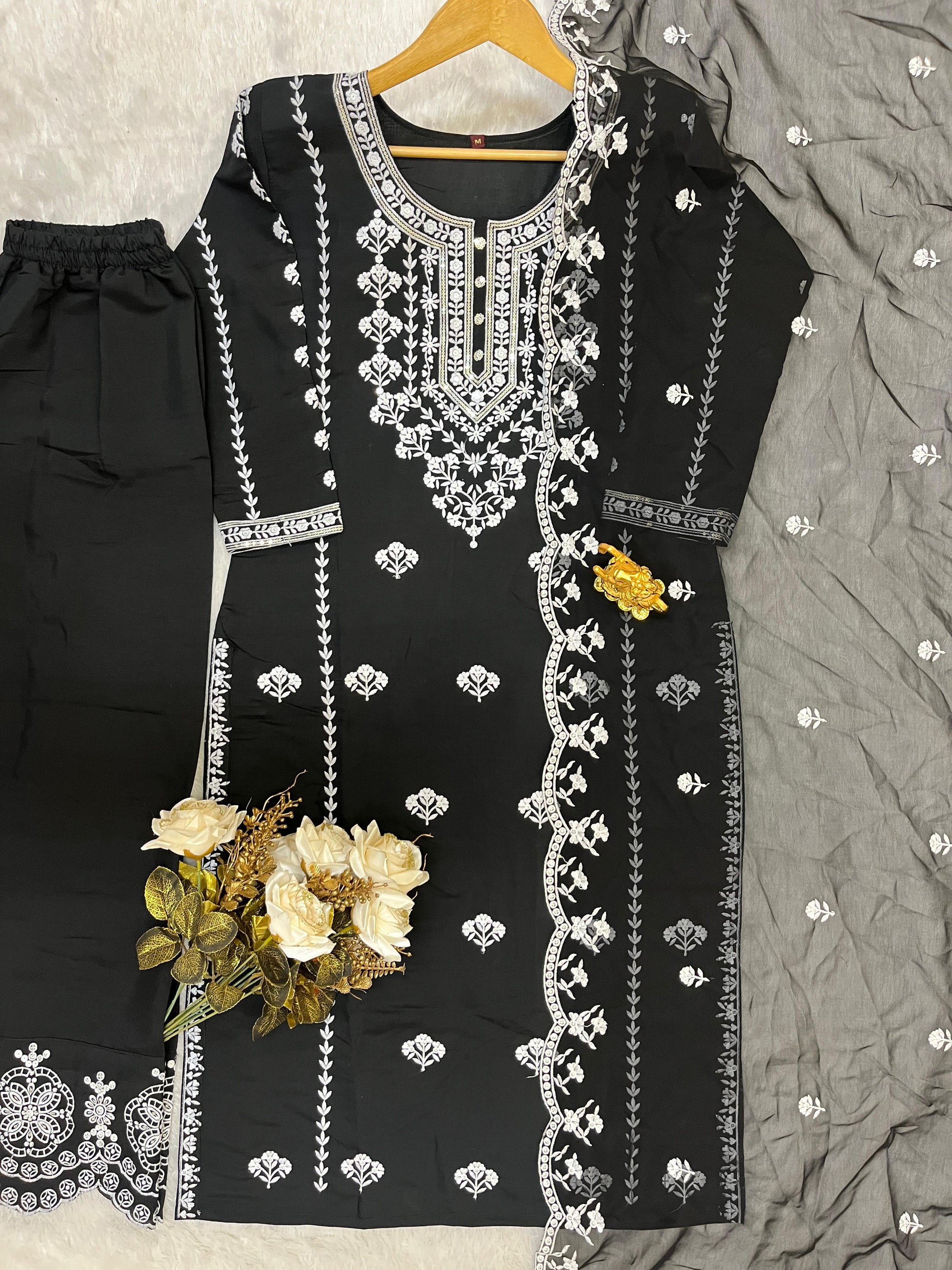 Black Roman Silk Embroidered Suit Set with Dupatta & Designer Cutwork Pant