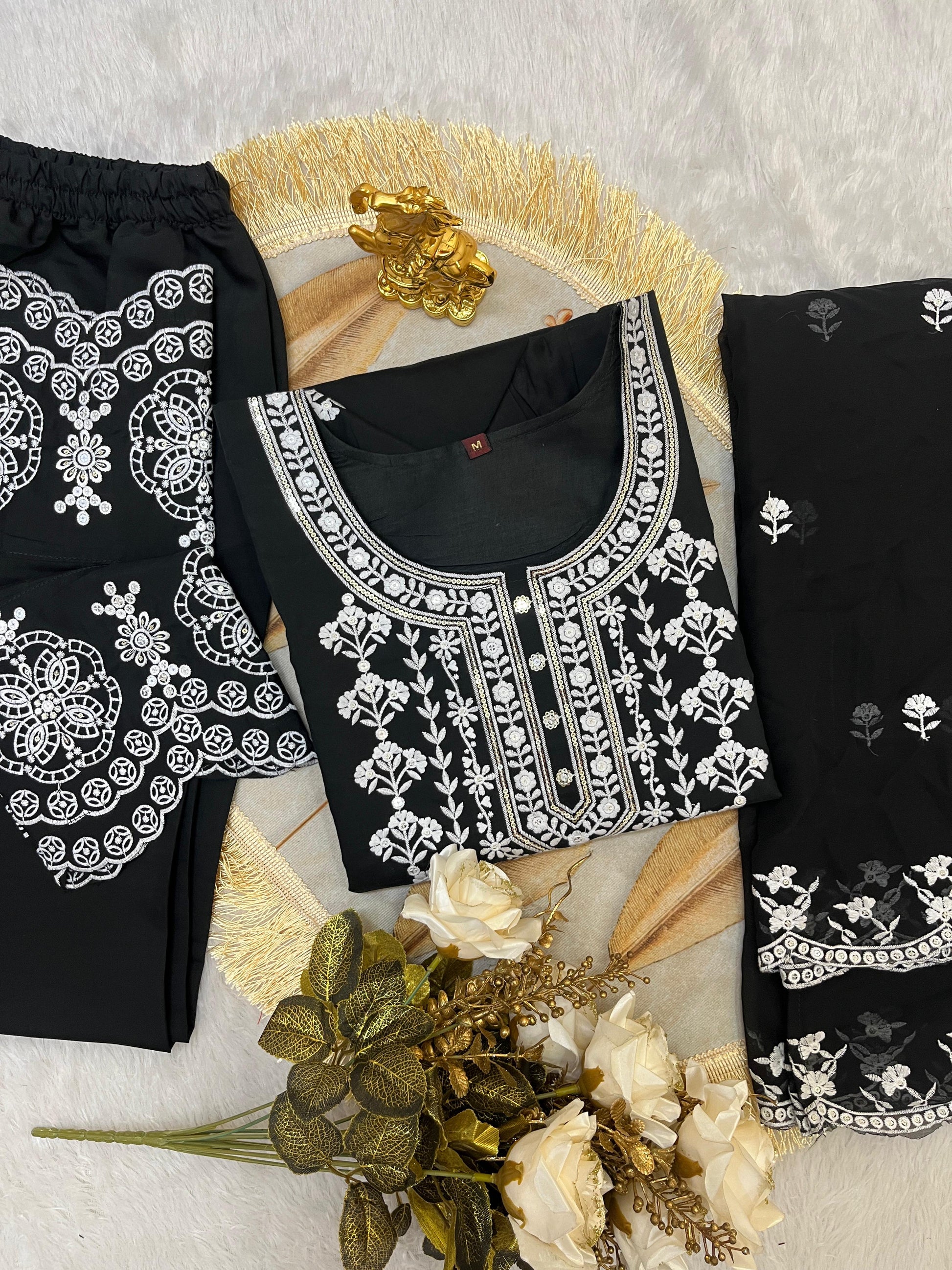 Black Roman Silk Embroidered Suit Set with Dupatta & Designer Cutwork Pant