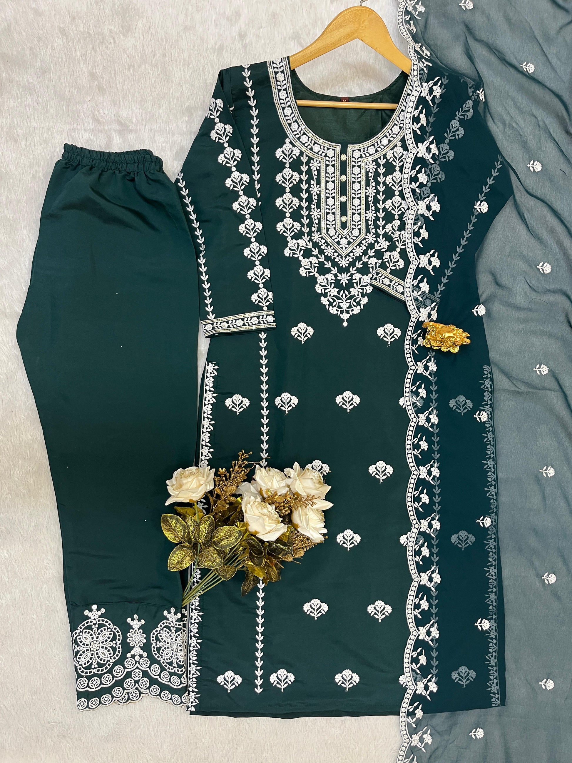 Dark Green Roman Silk Embroidered Suit Set with Cut Work Dupatta & Pants