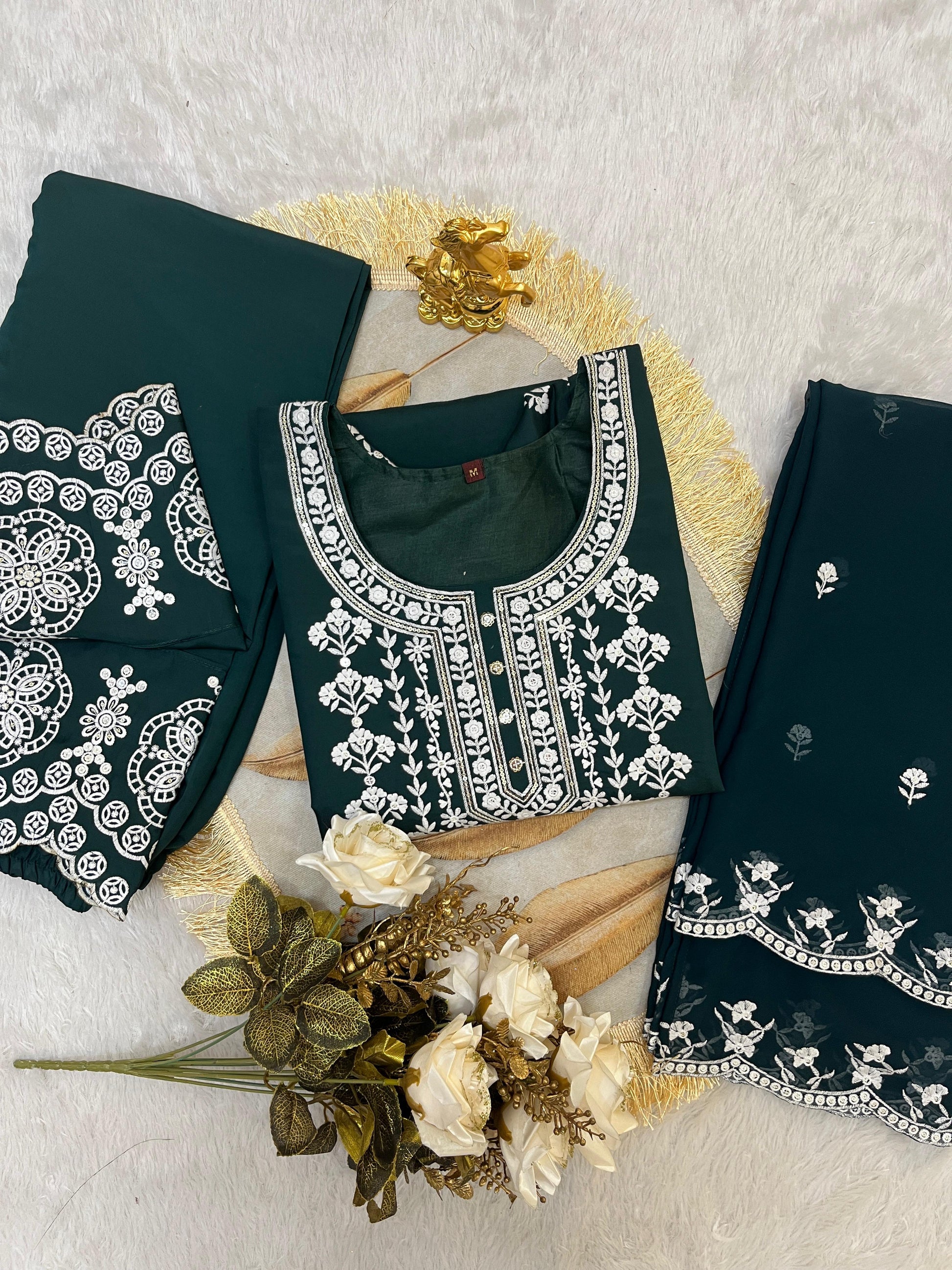 Dark Green Roman Silk Embroidered Suit Set with Cut Work Dupatta & Pants