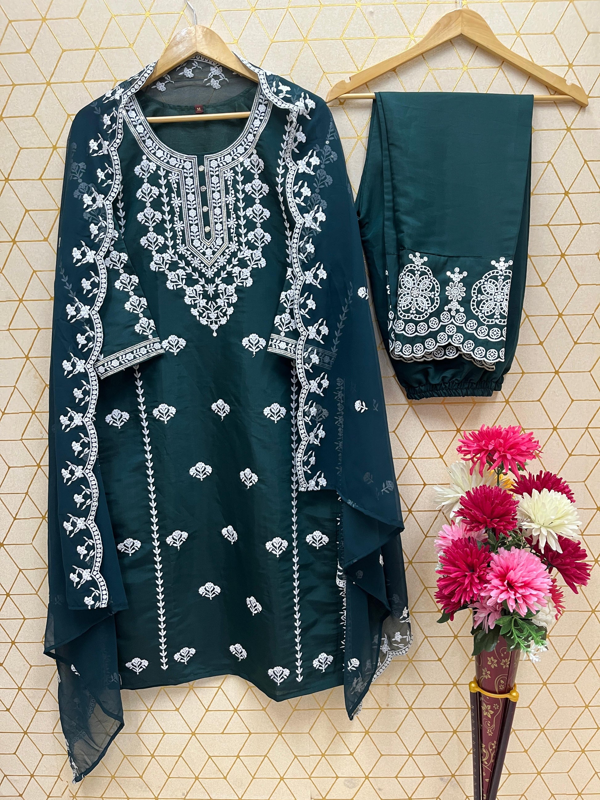 Dark Green Roman Silk Embroidered Suit Set with Cut Work Dupatta & Pants