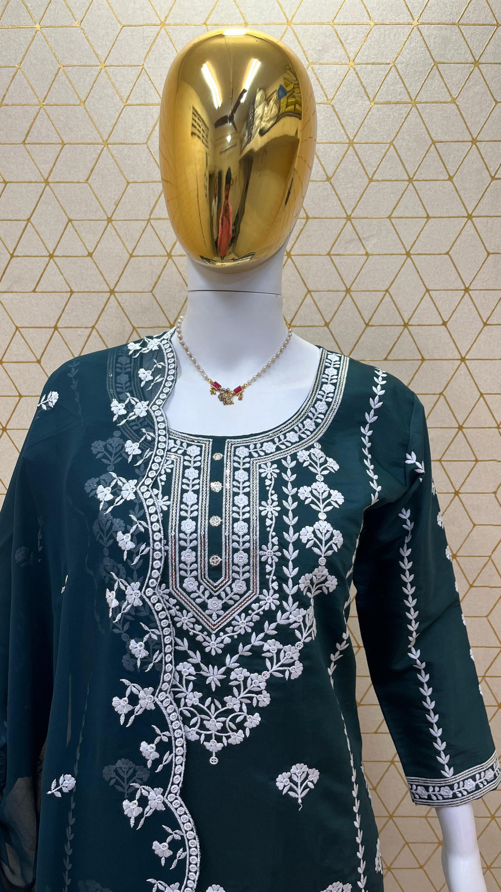 Dark Green Roman Silk Embroidered Suit Set with Cut Work Dupatta & Pants