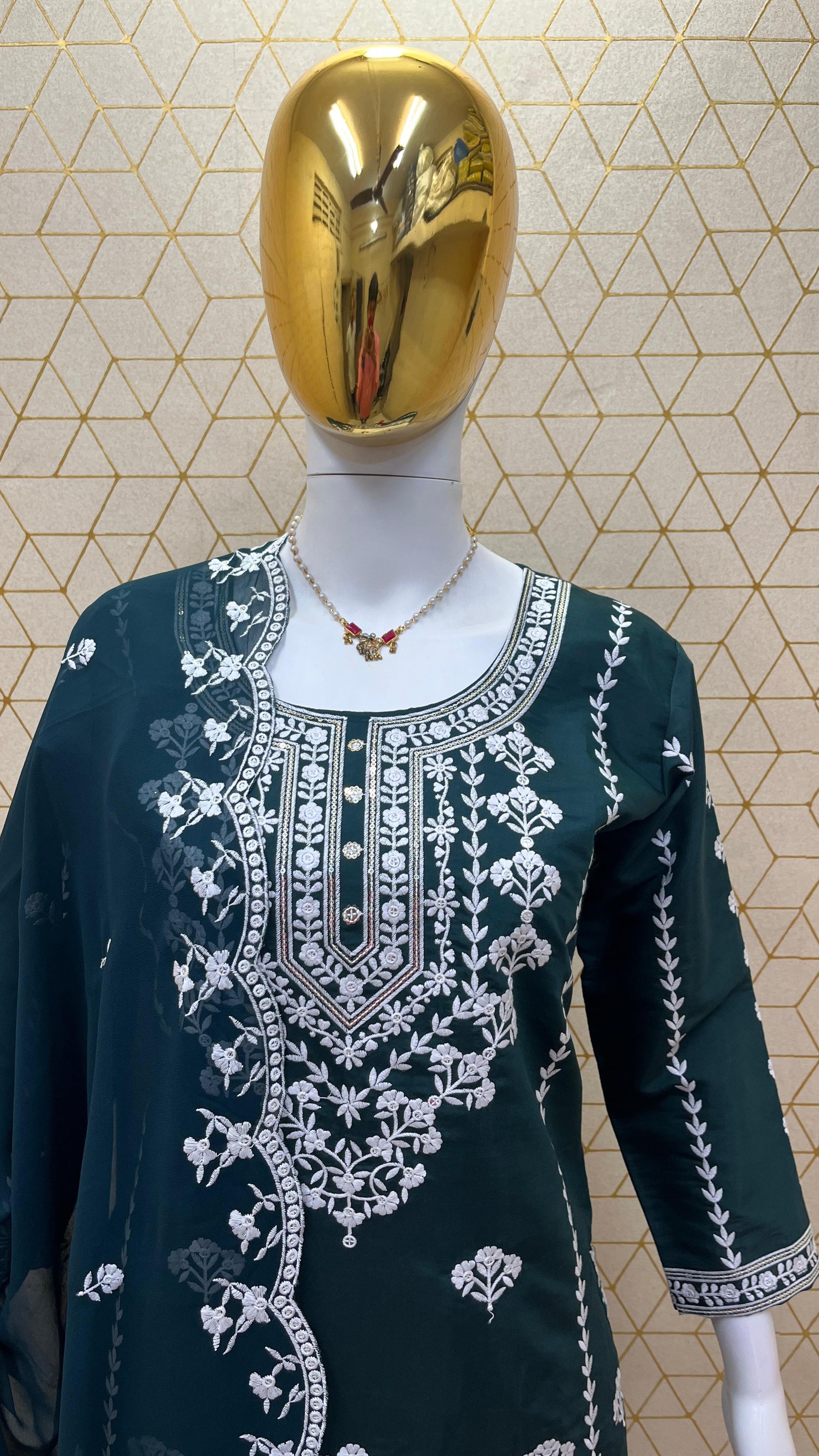 Dark Green Roman Silk Embroidered Suit Set with Cut Work Dupatta & Pants