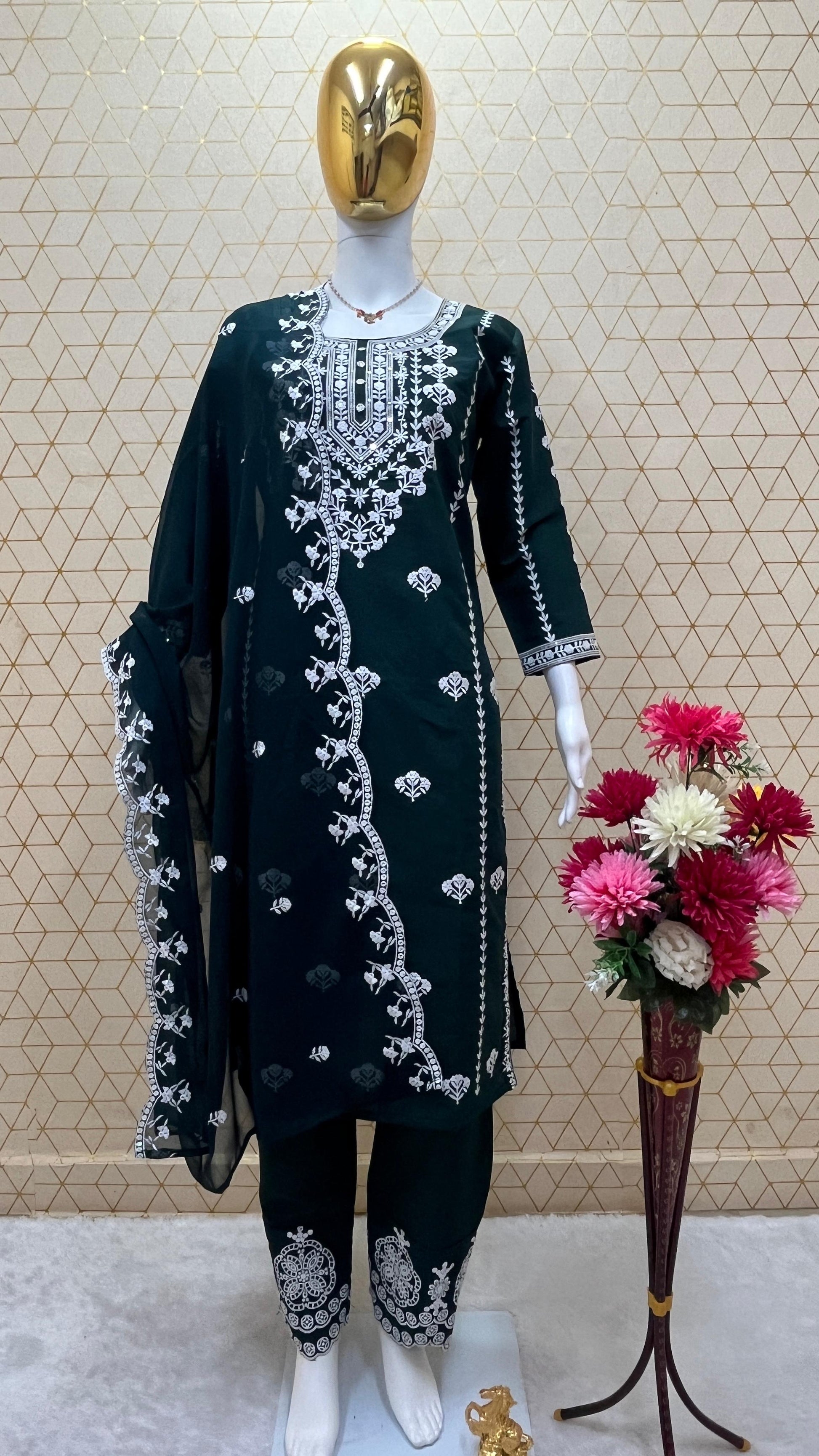 Dark Green Roman Silk Embroidered Suit Set with Cut Work Dupatta & Pants