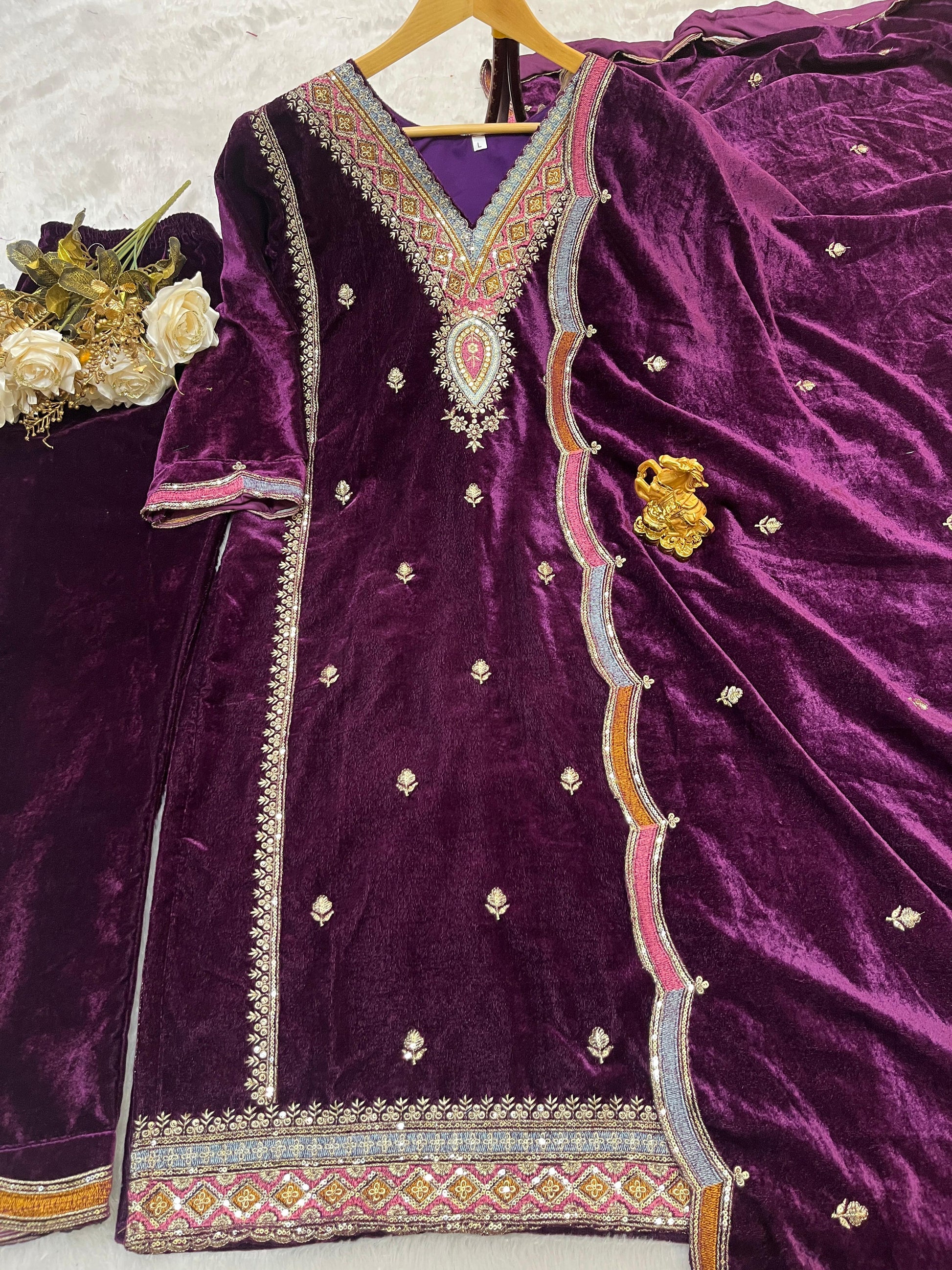 Royal Velvet Embroidered Suit Set – Heavy Viscose with Dupatta (Fully Stitched)