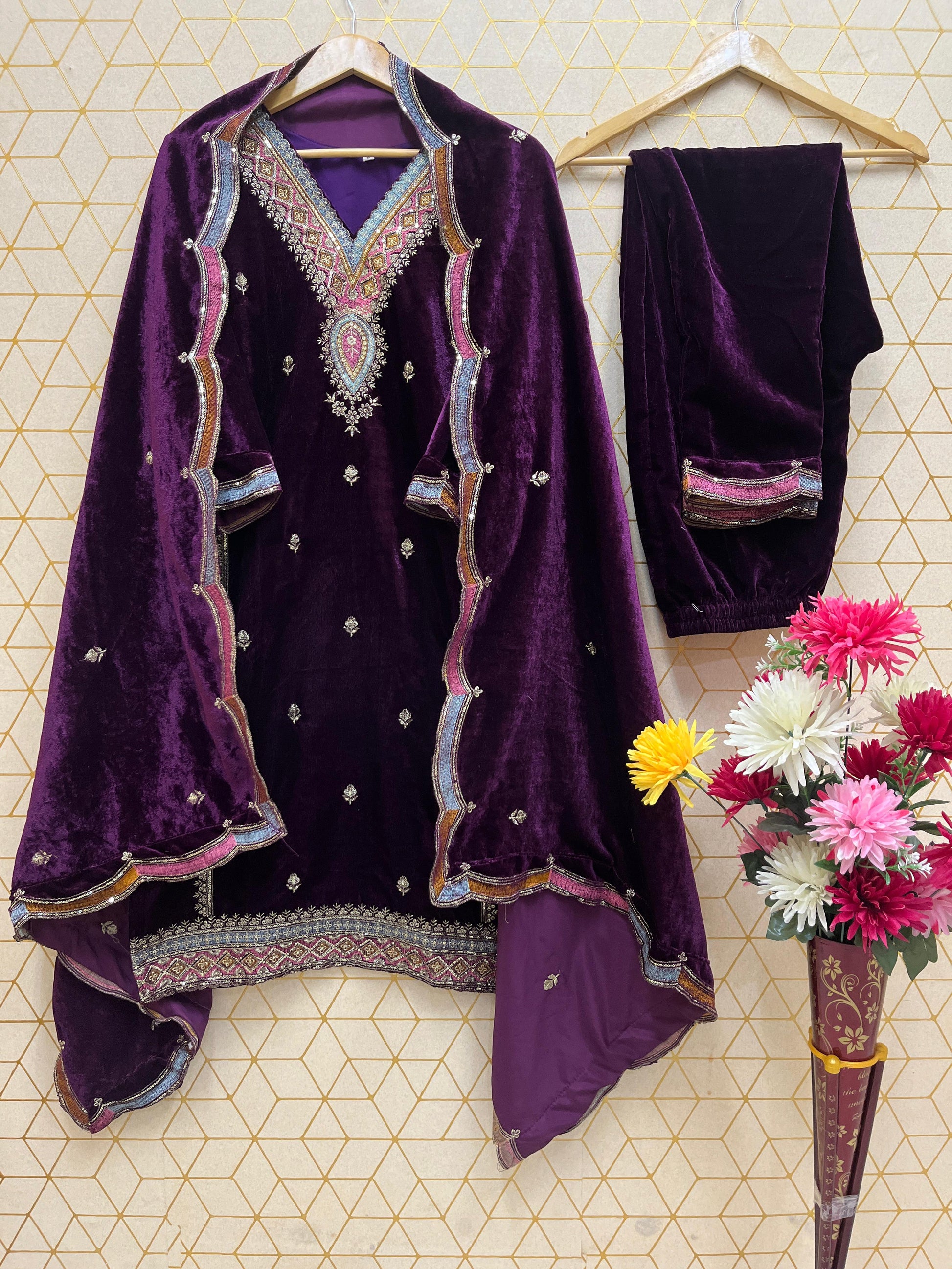 Royal Velvet Embroidered Suit Set – Heavy Viscose with Dupatta (Fully Stitched)