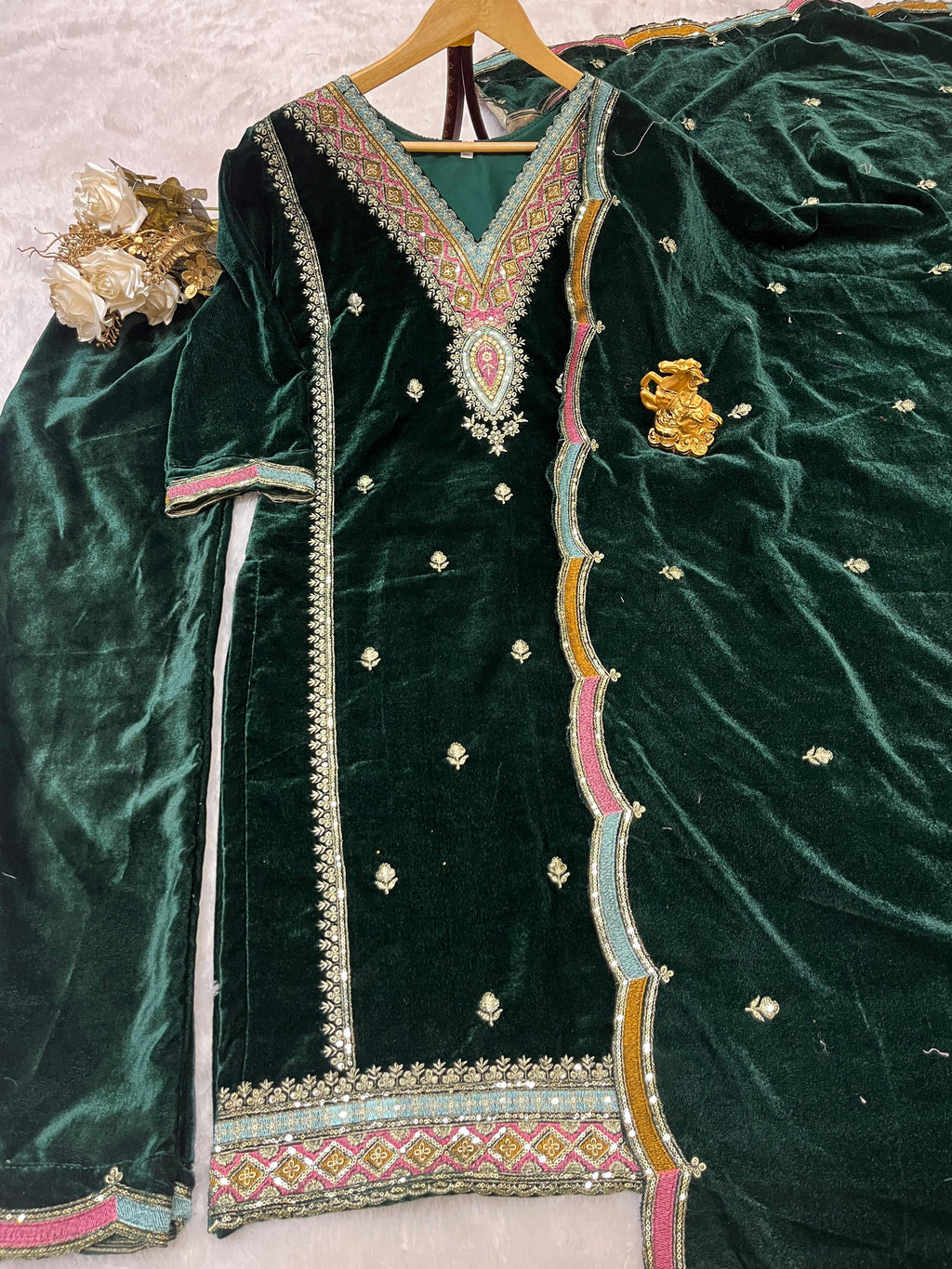 Royal Velvet Embroidered Suit Set – Heavy Viscose with Dupatta (Fully Stitched)