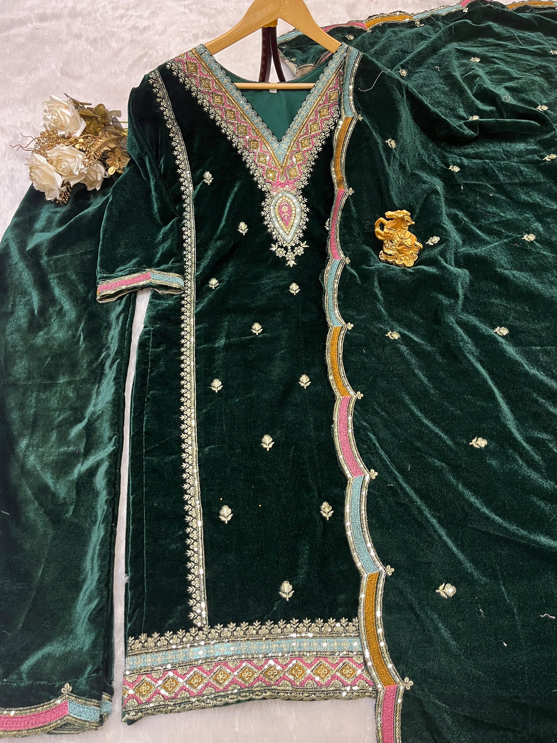 Royal Velvet Embroidered Suit Set – Heavy Viscose with Dupatta (Fully Stitched)