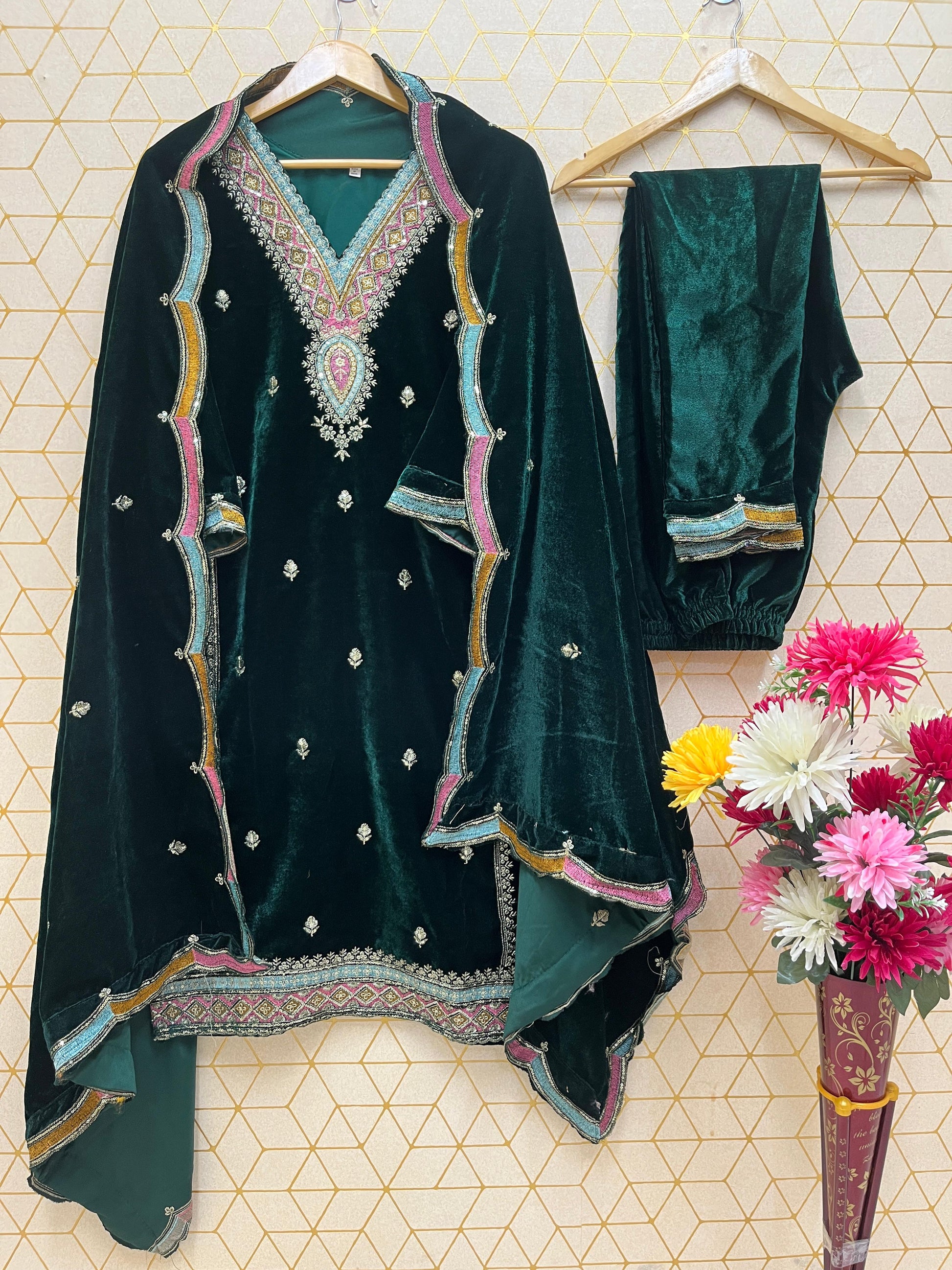 Royal Velvet Embroidered Suit Set – Heavy Viscose with Dupatta (Fully Stitched)
