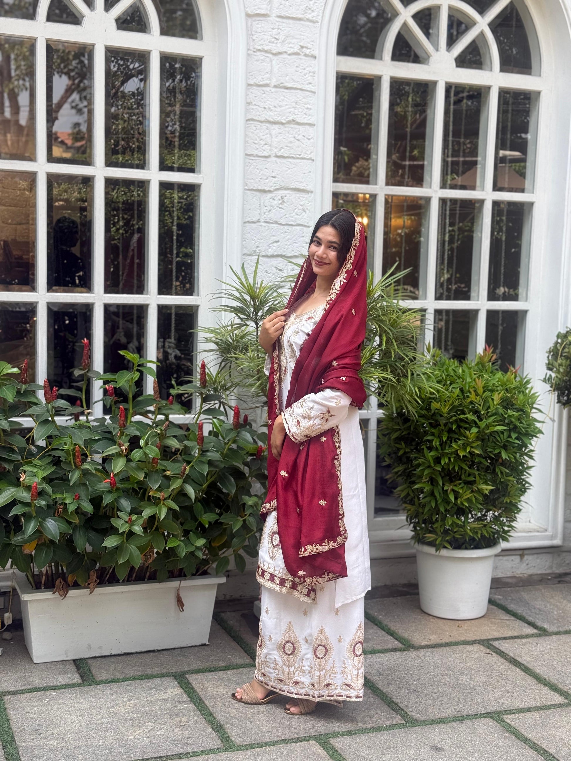 Elegant White & Maroon and Yellow Embroidered Chinon Silk Suit Set with Dupatta