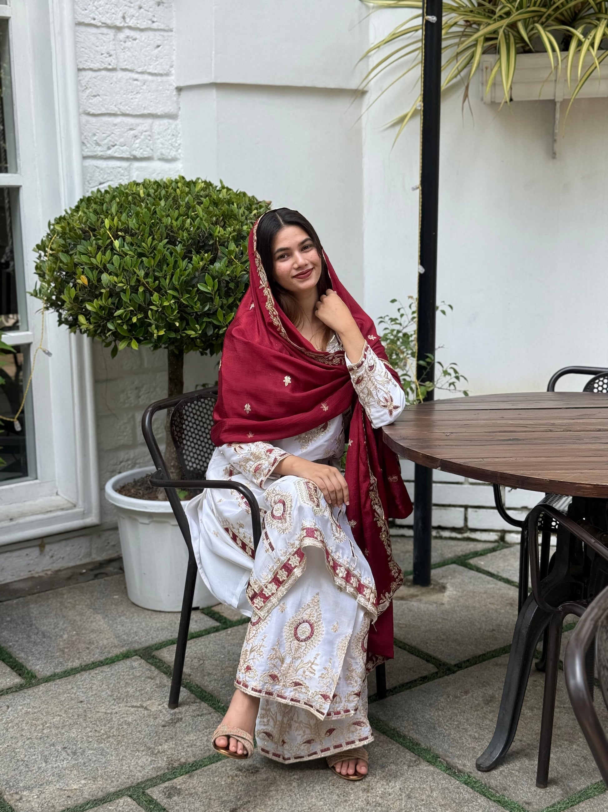 Elegant White & Maroon and Yellow Embroidered Chinon Silk Suit Set with Dupatta