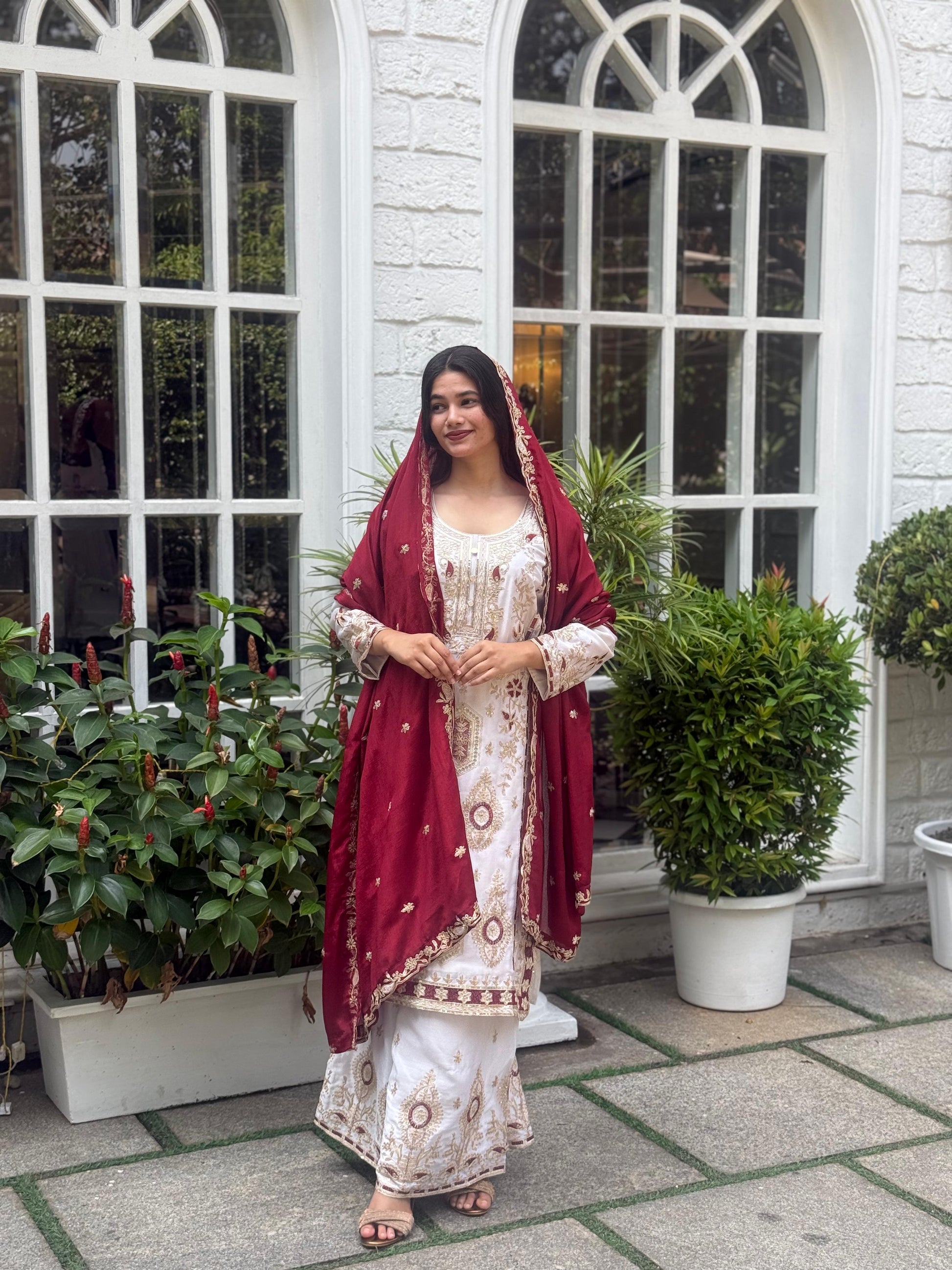 Elegant White & Maroon and Yellow Embroidered Chinon Silk Suit Set with Dupatta