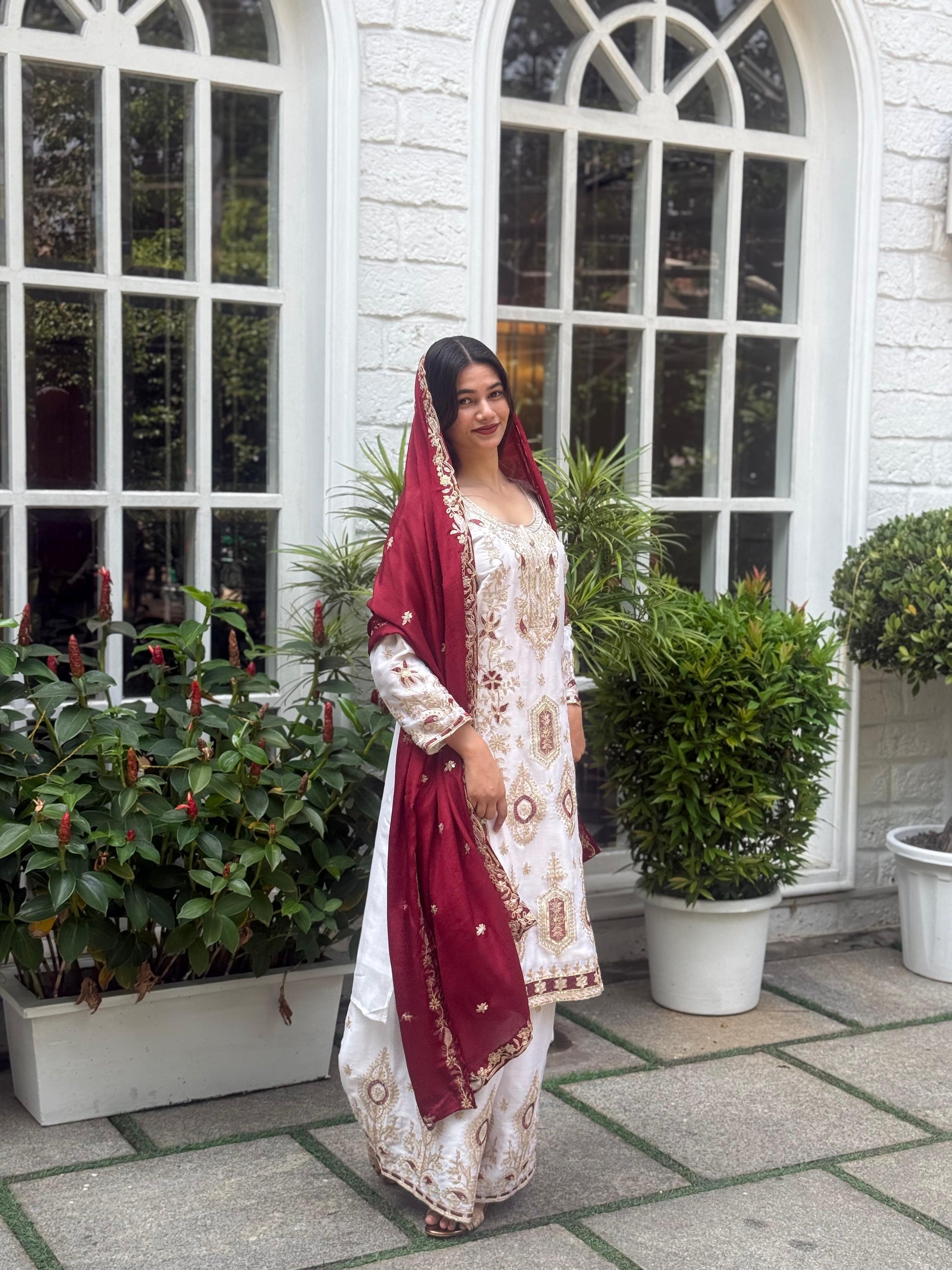 Elegant White & Maroon and Yellow Embroidered Chinon Silk Suit Set with Dupatta