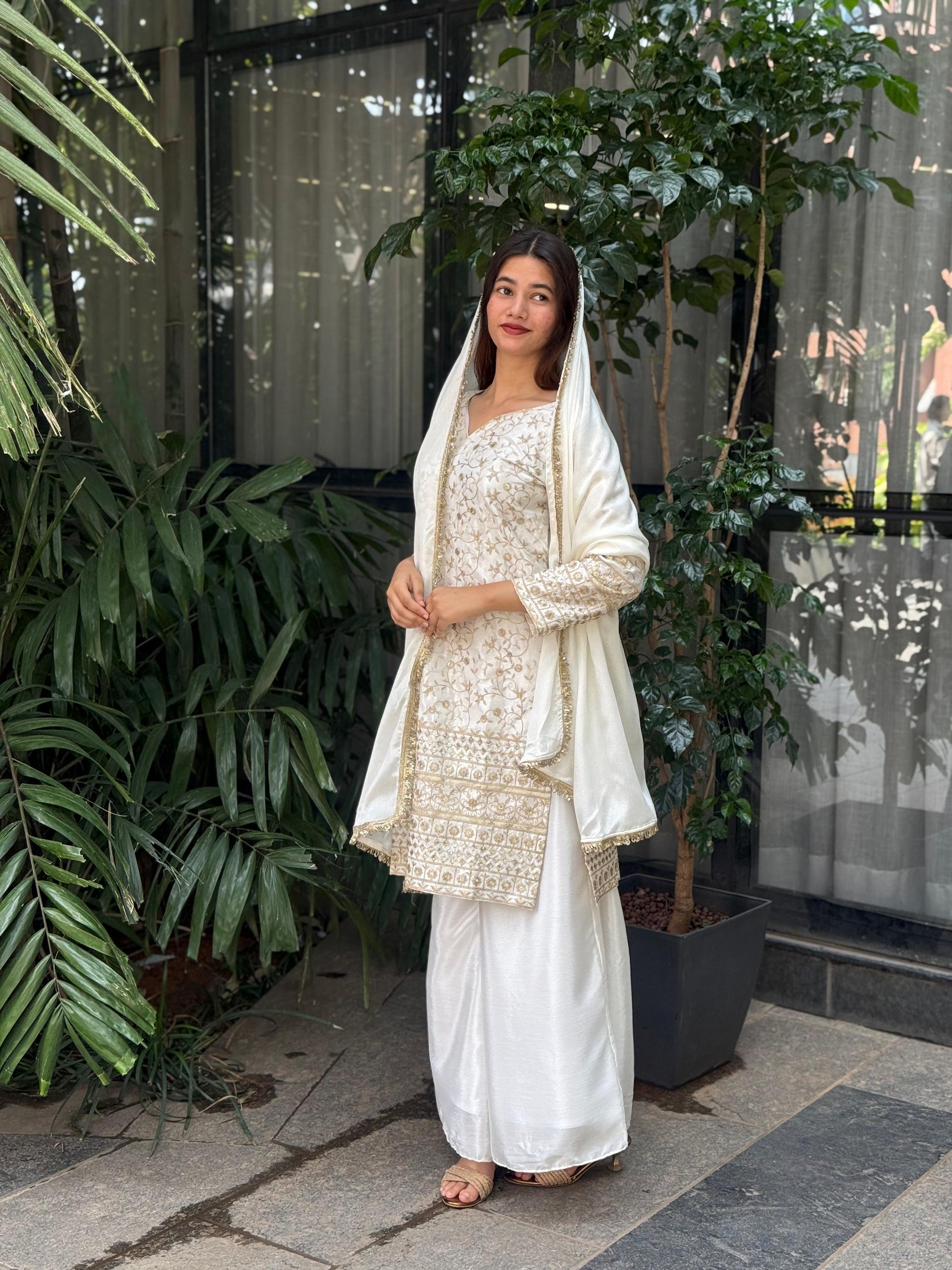 Graceful White Embroidered Chinon Silk Plazo Suit Set with Lace Dupatta