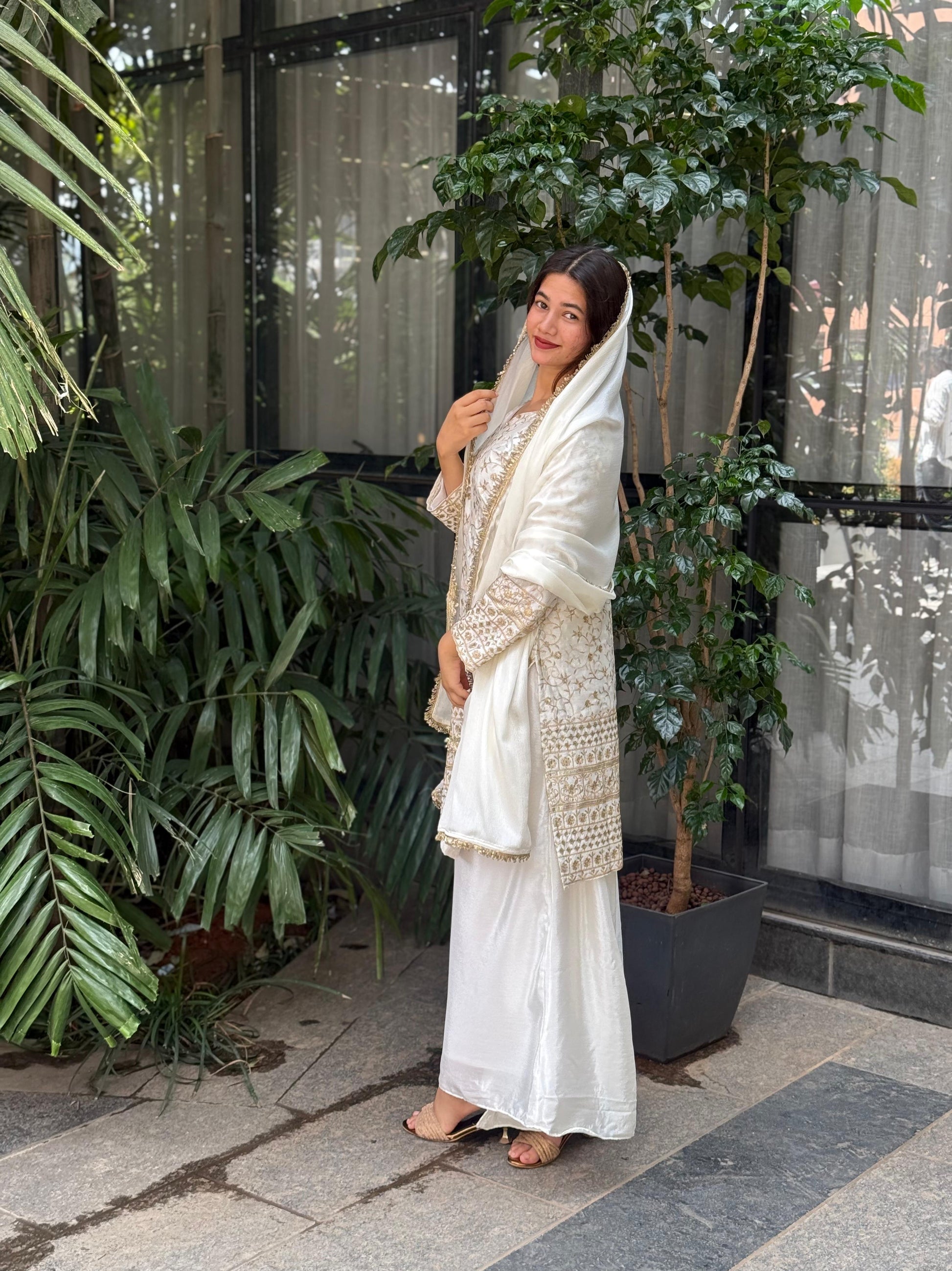 Graceful White Embroidered Chinon Silk Plazo Suit Set with Lace Dupatta