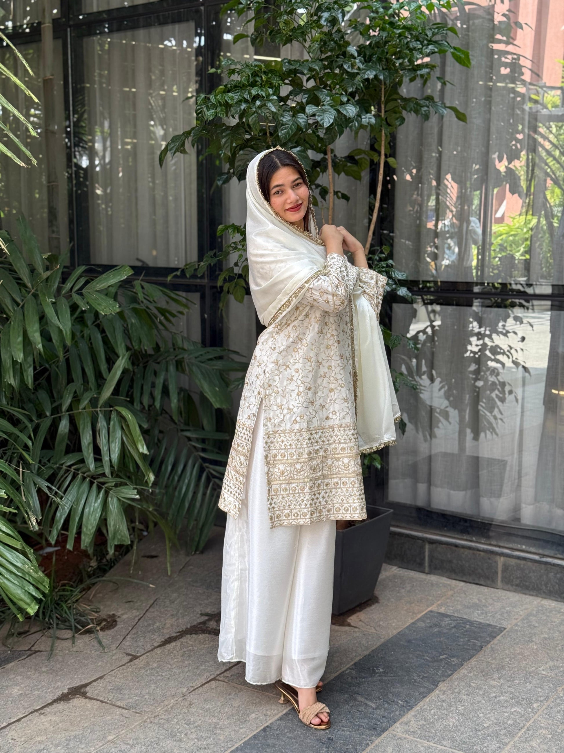 Graceful White Embroidered Chinon Silk Plazo Suit Set with Lace Dupatta