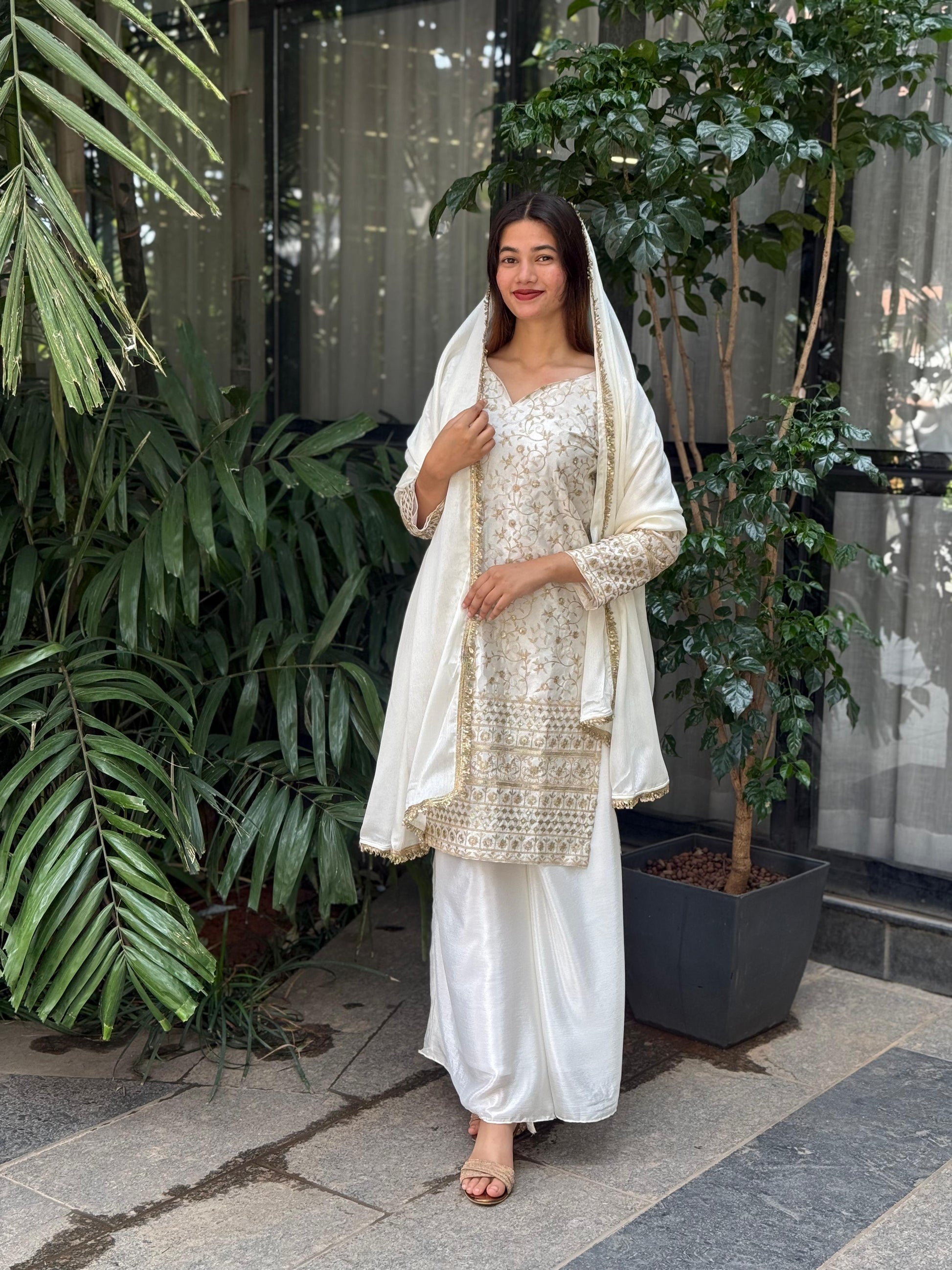 Graceful White Embroidered Chinon Silk Plazo Suit Set with Lace Dupatta