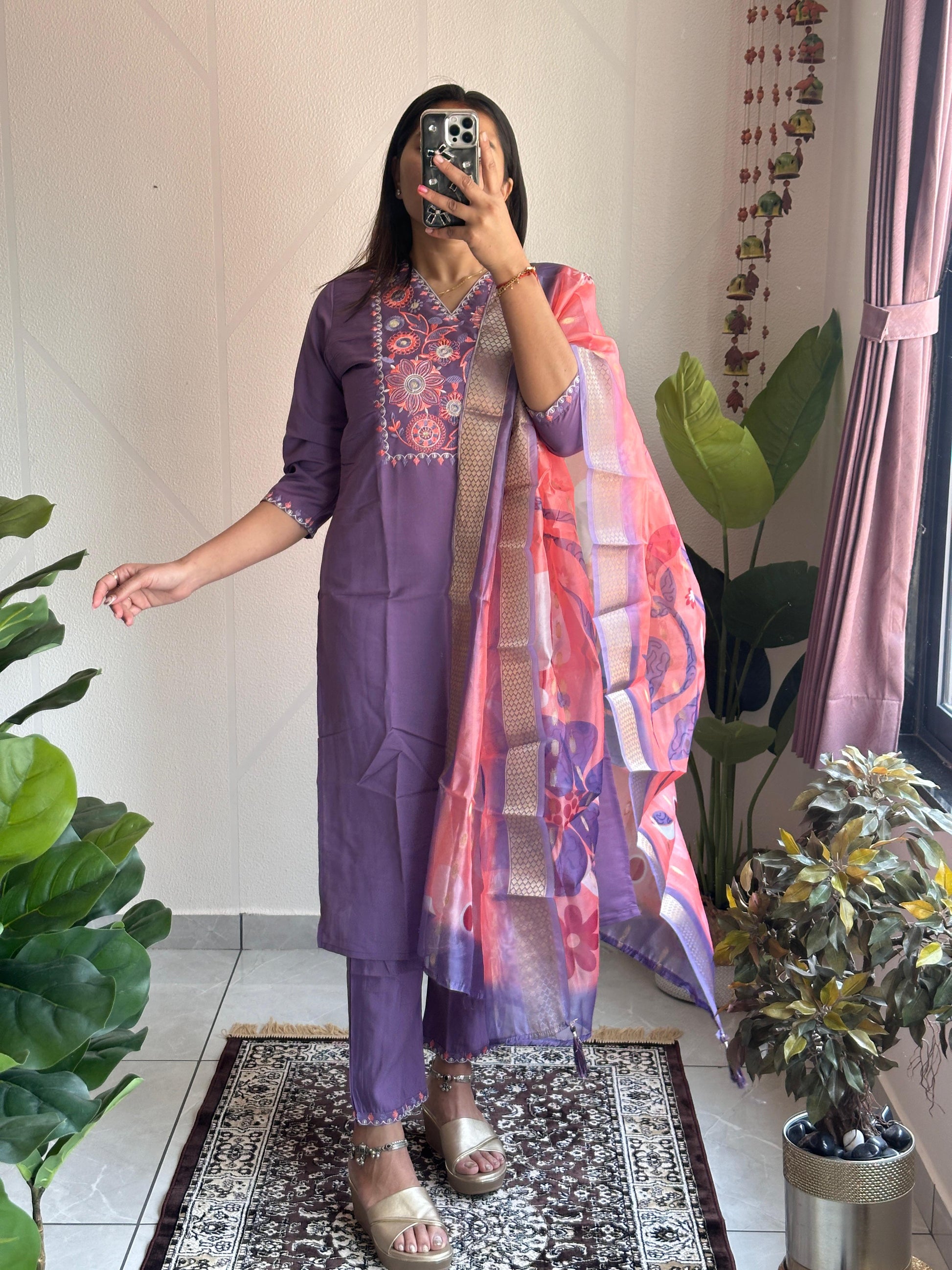 🌸 Lavender Bliss Embroidered Suit Set (3-Piece)