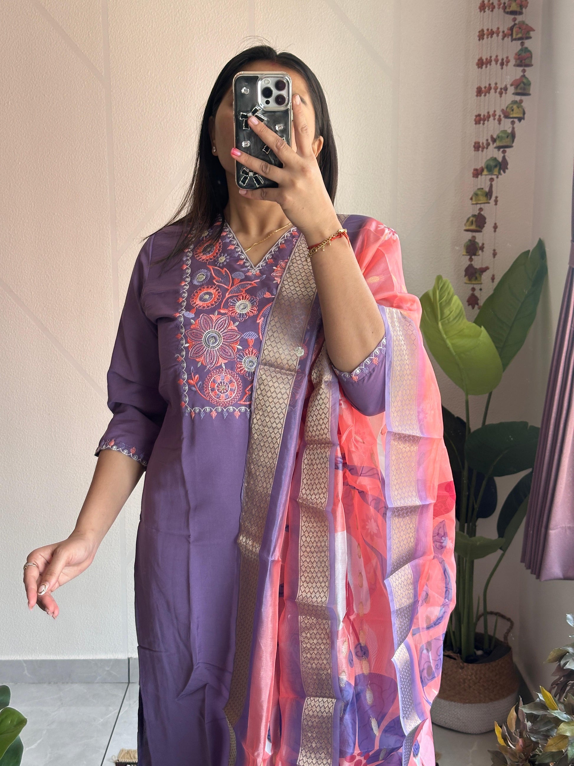 🌸 Lavender Bliss Embroidered Suit Set (3-Piece)