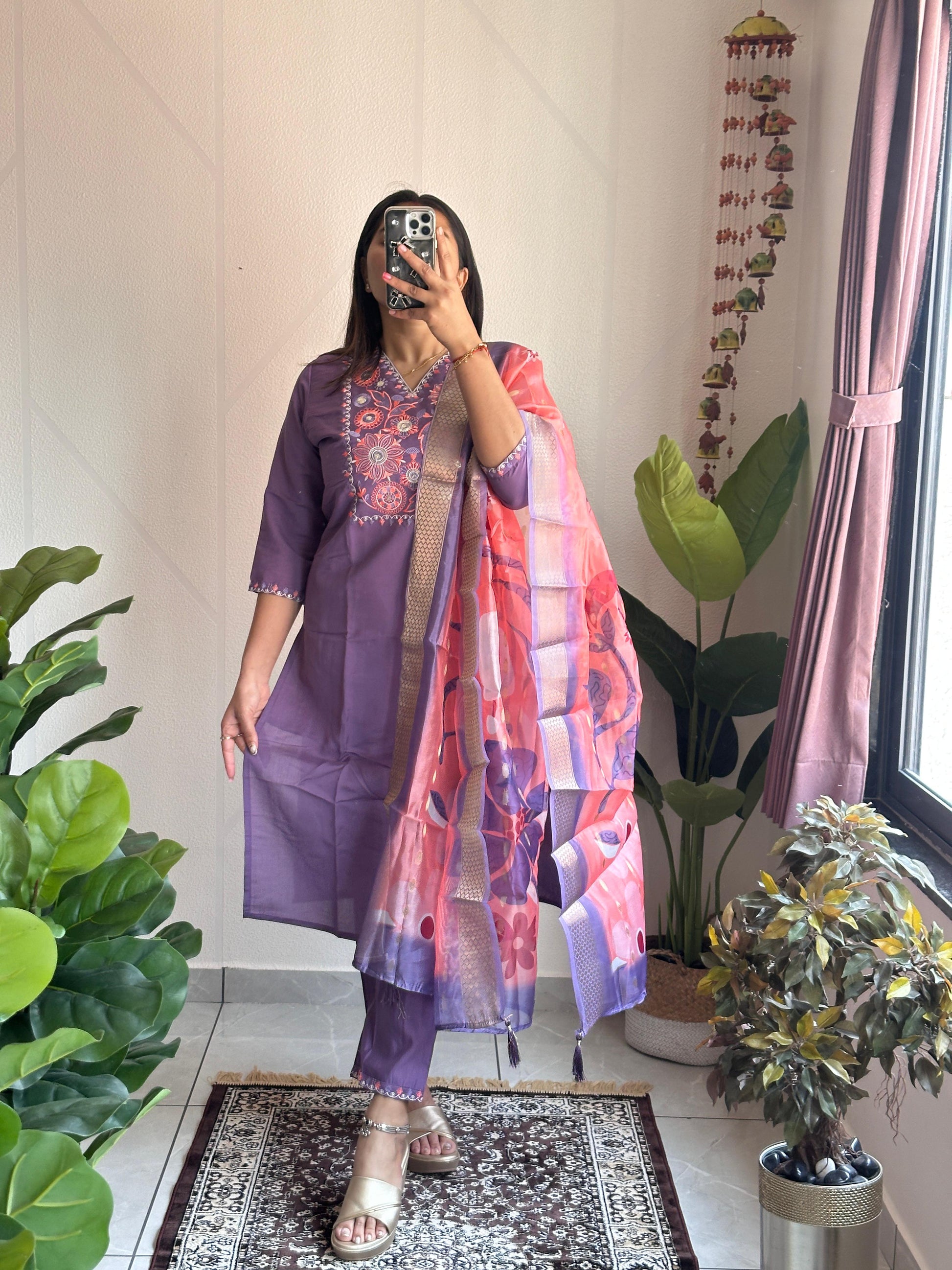 🌸 Lavender Bliss Embroidered Suit Set (3-Piece)