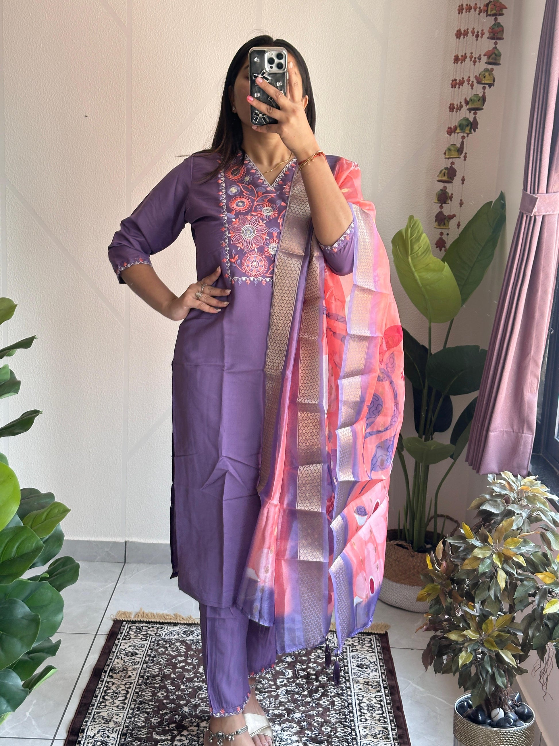 🌸 Lavender Bliss Embroidered Suit Set (3-Piece)