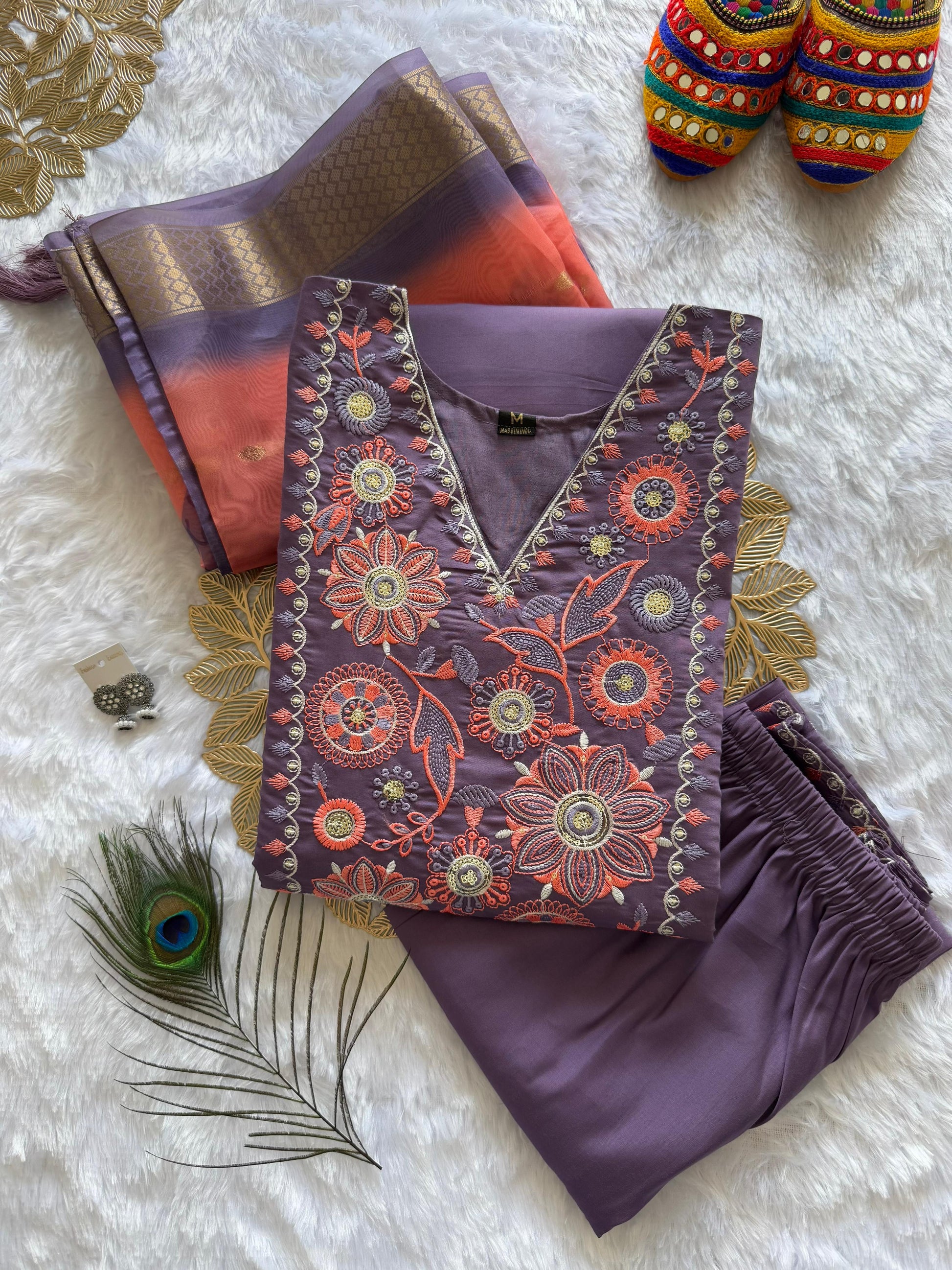🌸 Lavender Bliss Embroidered Suit Set (3-Piece)