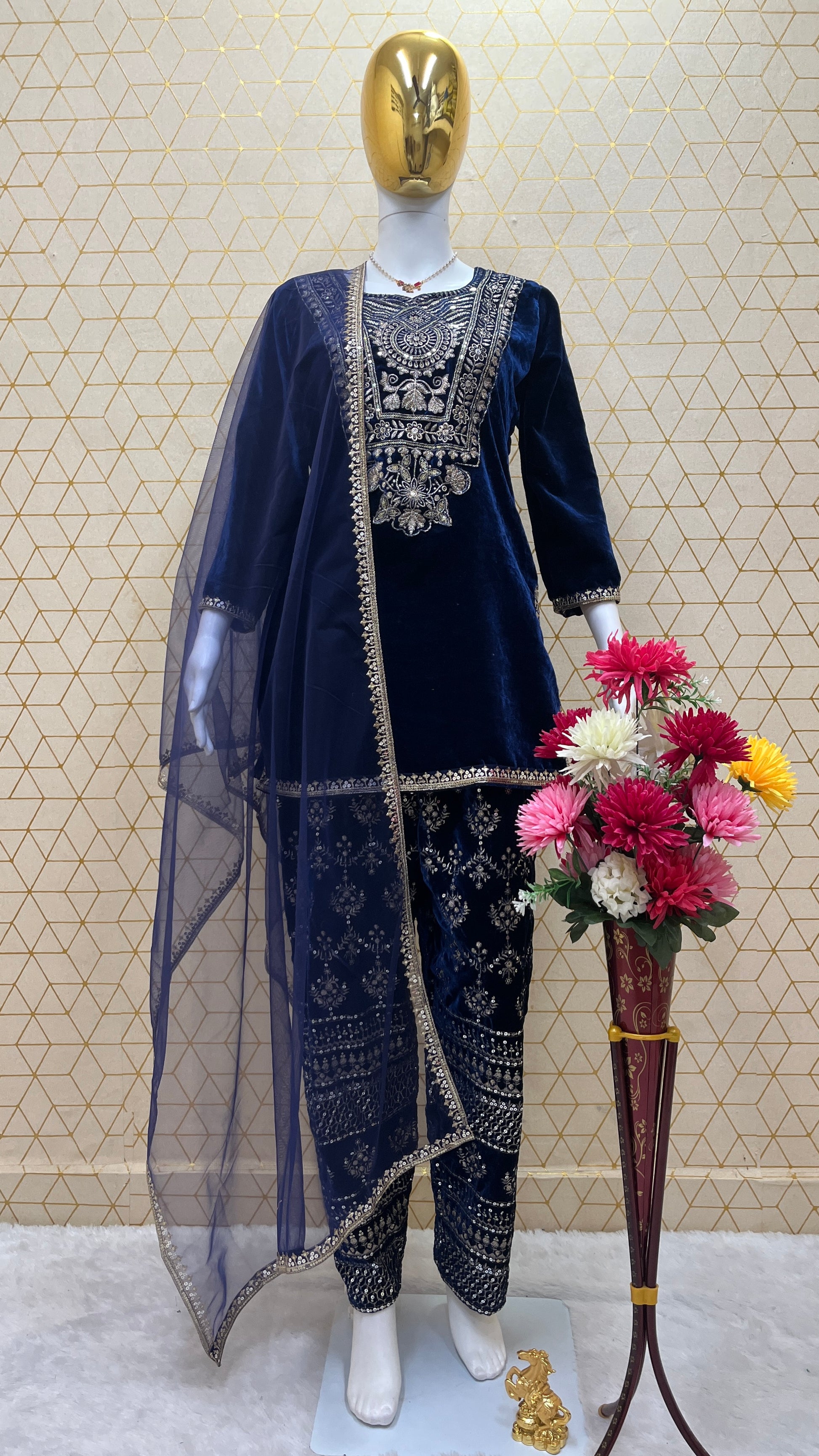 Viscose Velvet Heavy Embroidered Suit Set with Butterfly Net Dupatta – Fully Stitched