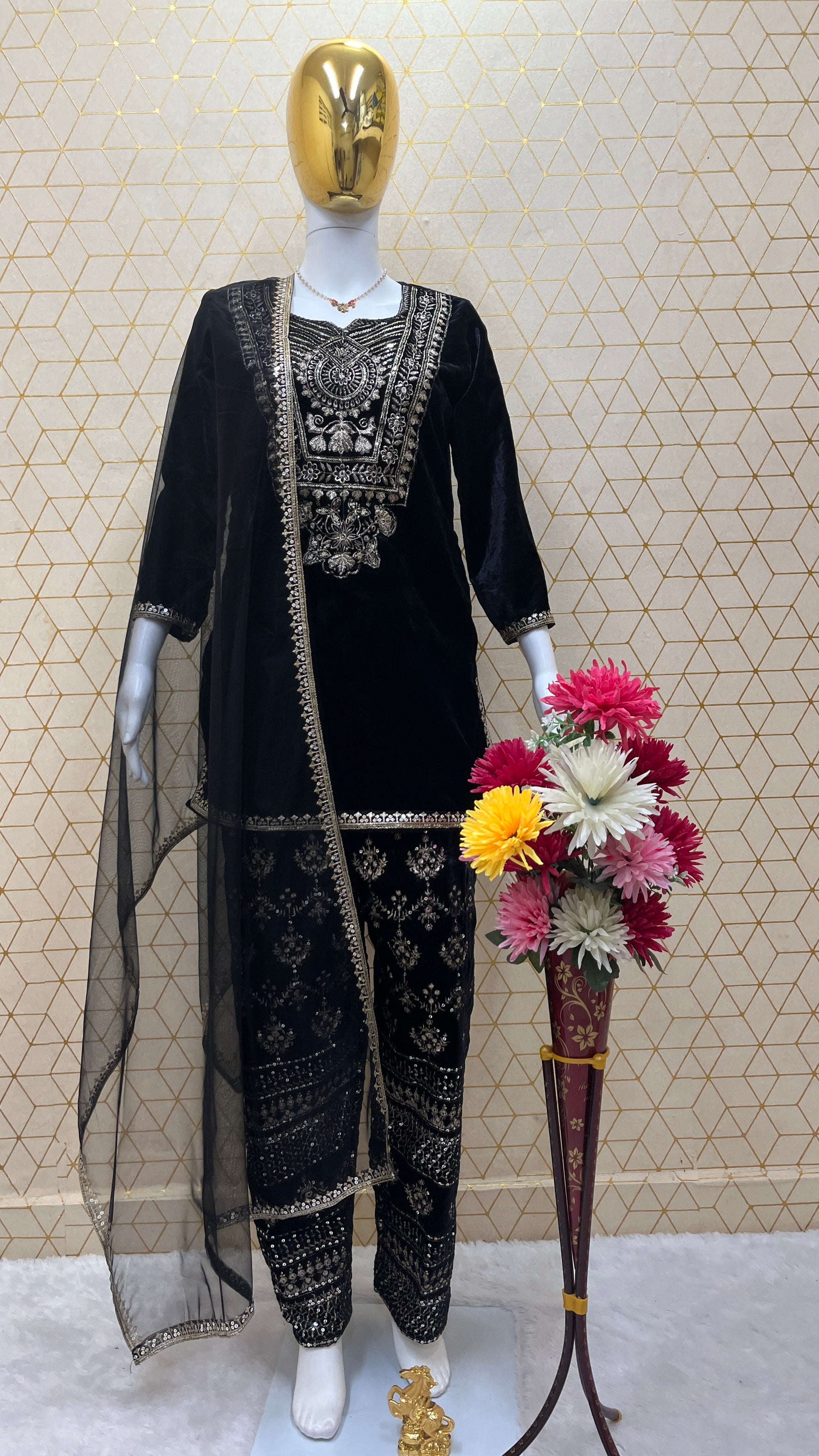Viscose Velvet Heavy Embroidered Suit Set with Butterfly Net Dupatta – Fully Stitched