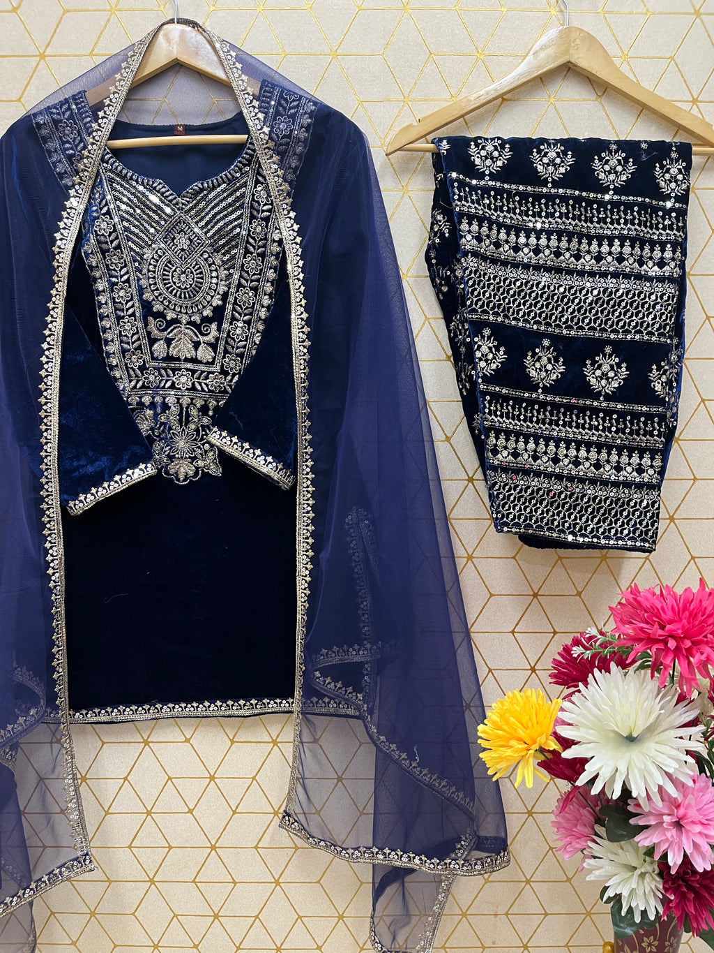Viscose Velvet Heavy Embroidered Suit Set with Butterfly Net Dupatta – Fully Stitched